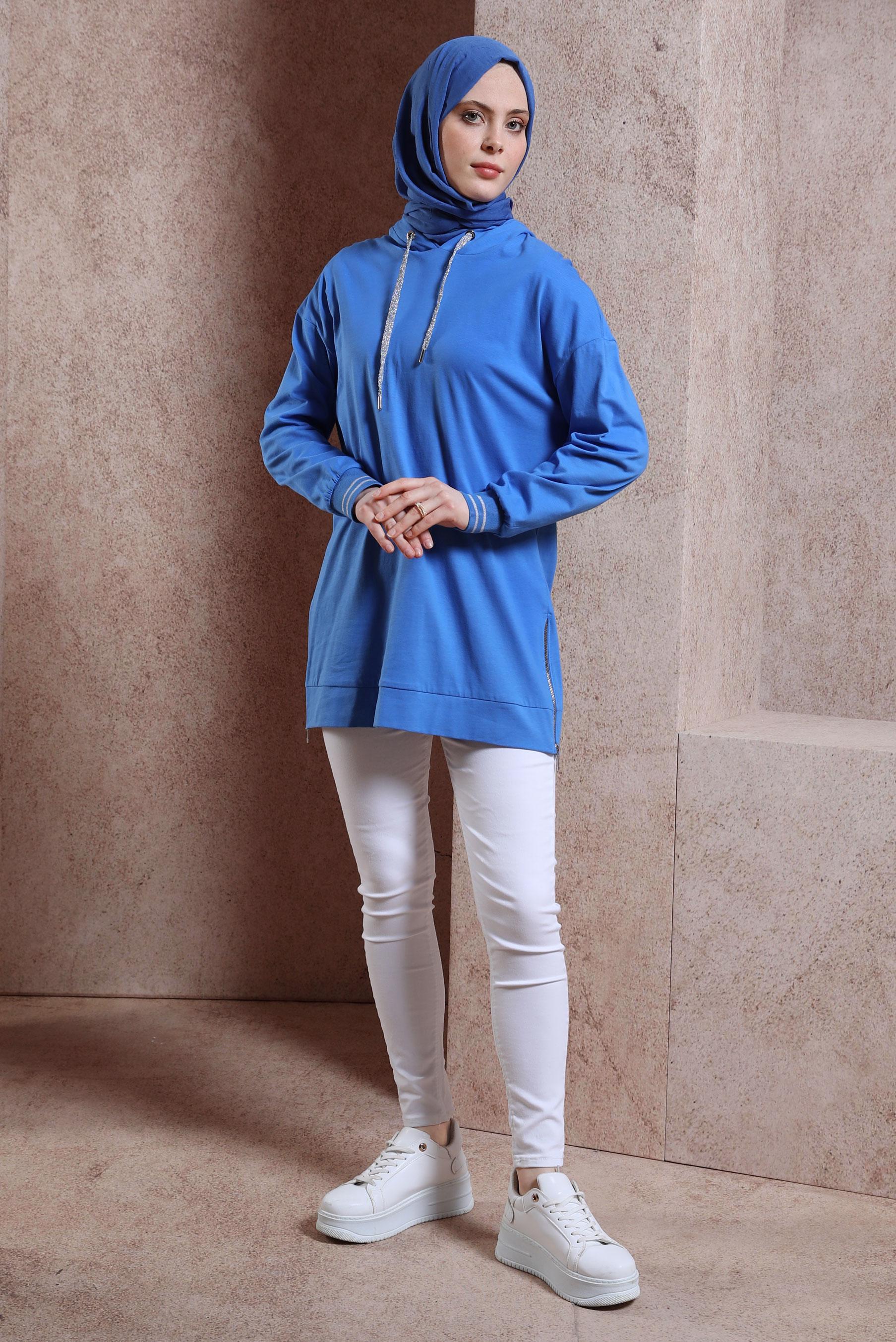 Tesettür giyim MAVİ KAPÜŞONLU TUNİK 44449