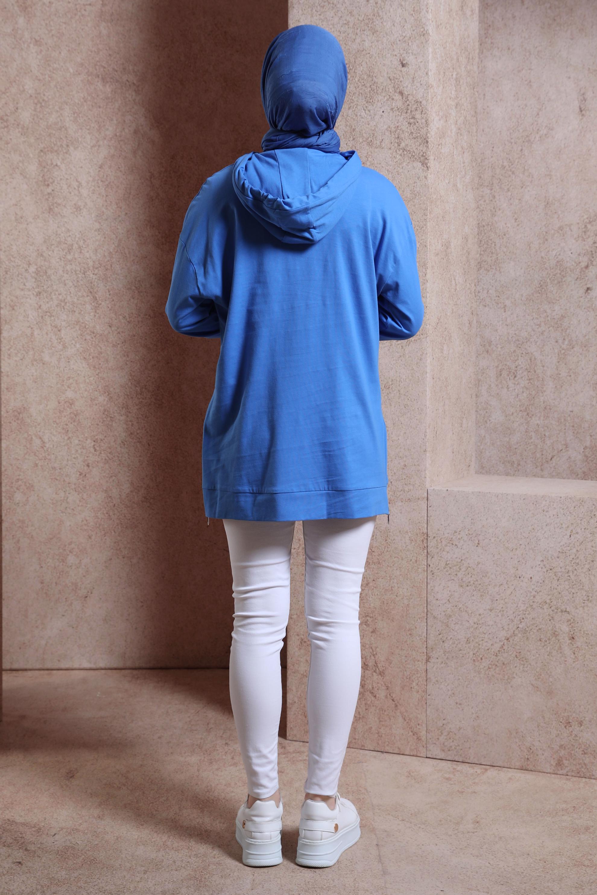 Tesettür giyim MAVİ KAPÜŞONLU TUNİK 44449