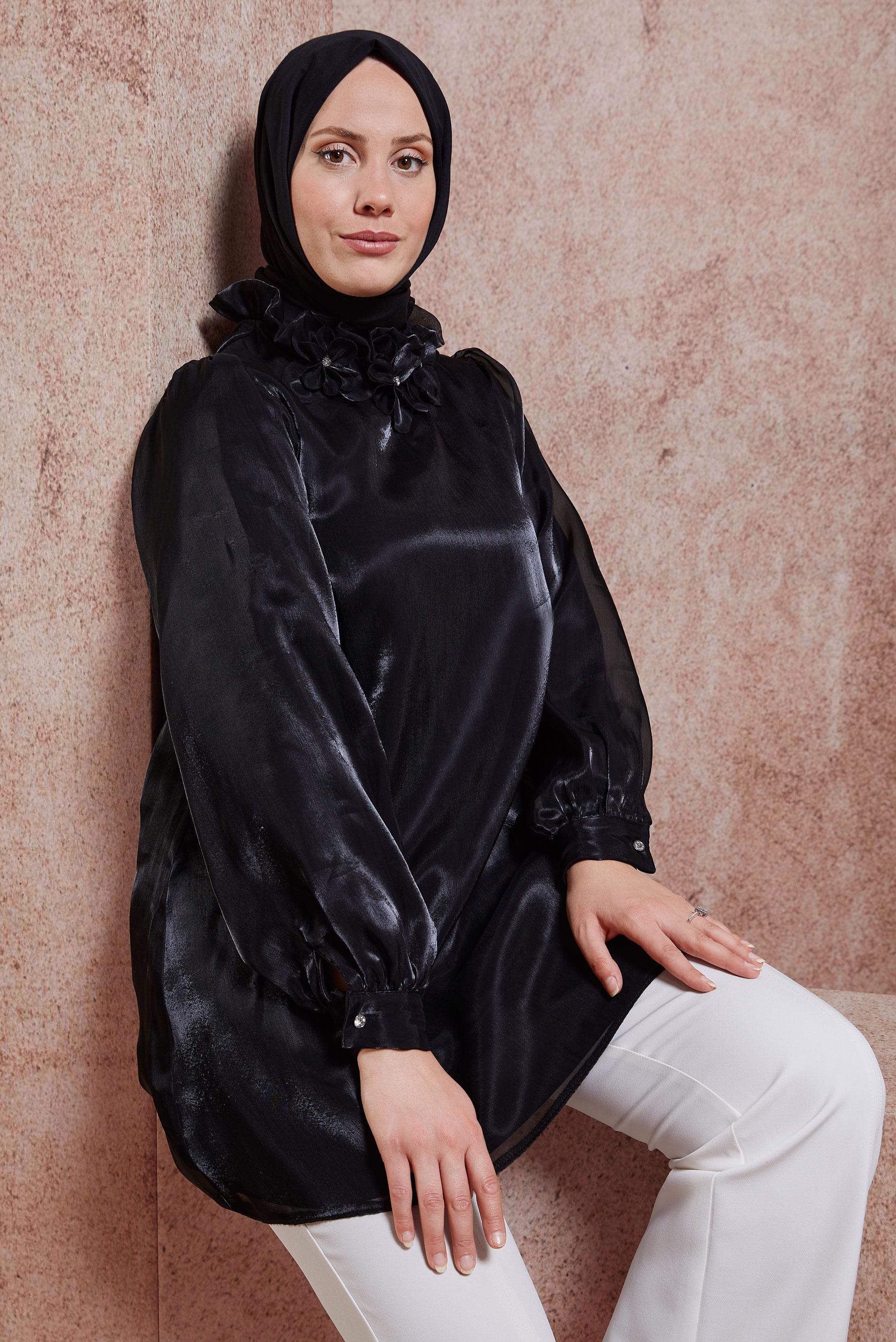 Vêtements hijab NOIR TUNIQUE DÉTAILLÉE FLEUR 44568