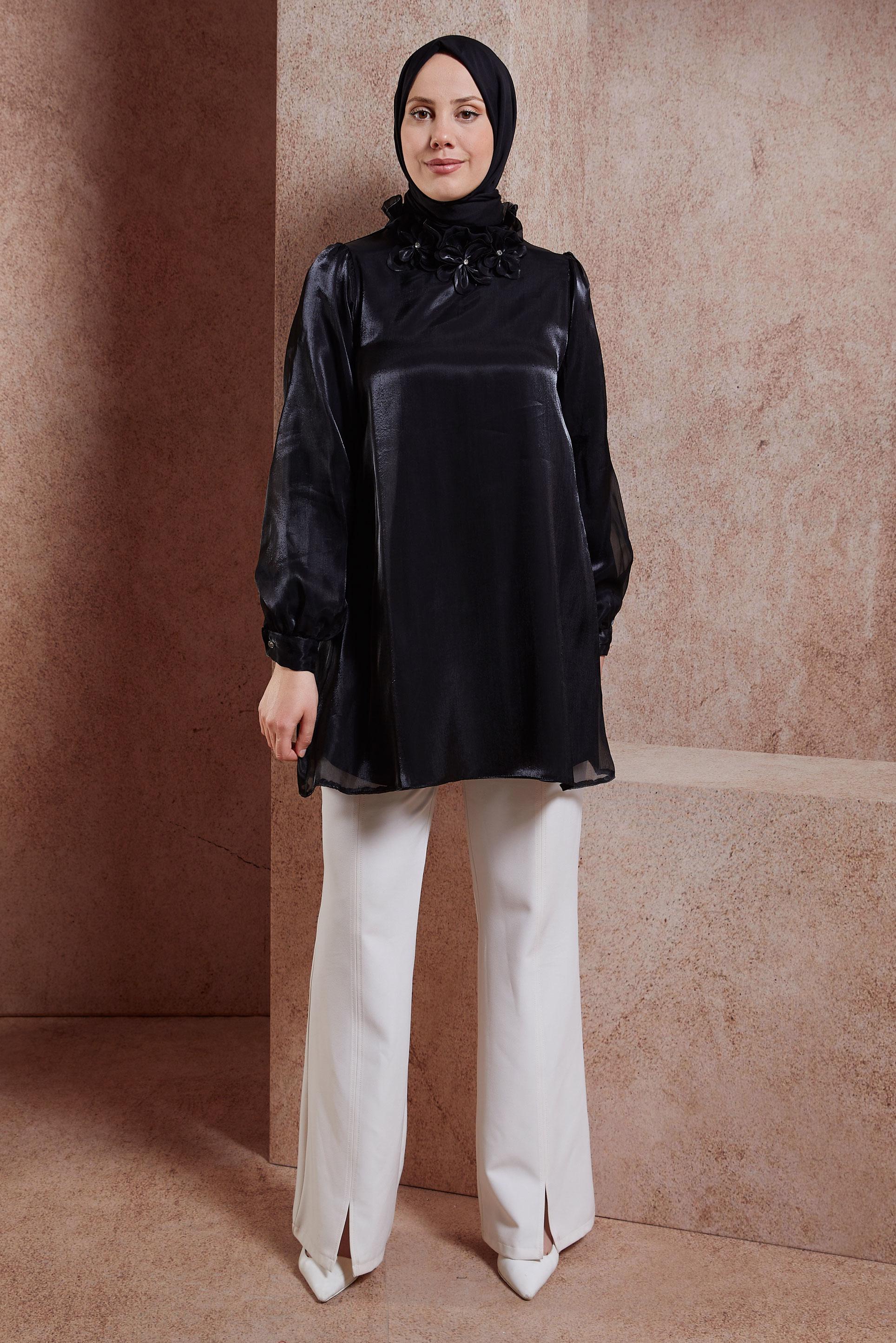 Vêtements hijab NOIR TUNIQUE DÉTAILLÉE FLEUR 44568