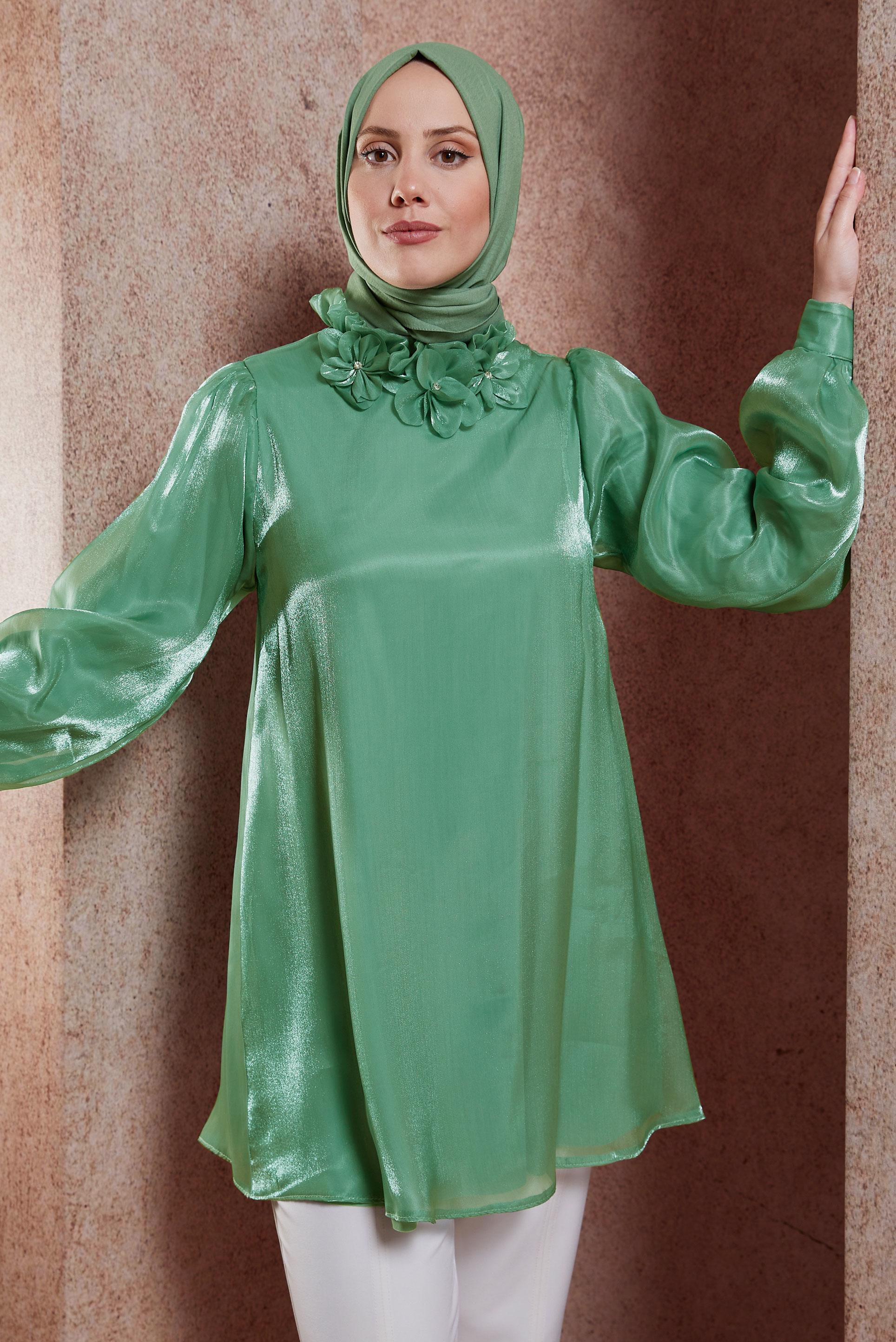 Tesettür giyim YEŞİL ÜÇ BOYUTLU ÇİÇEK DETAYLI TUNİK 44568