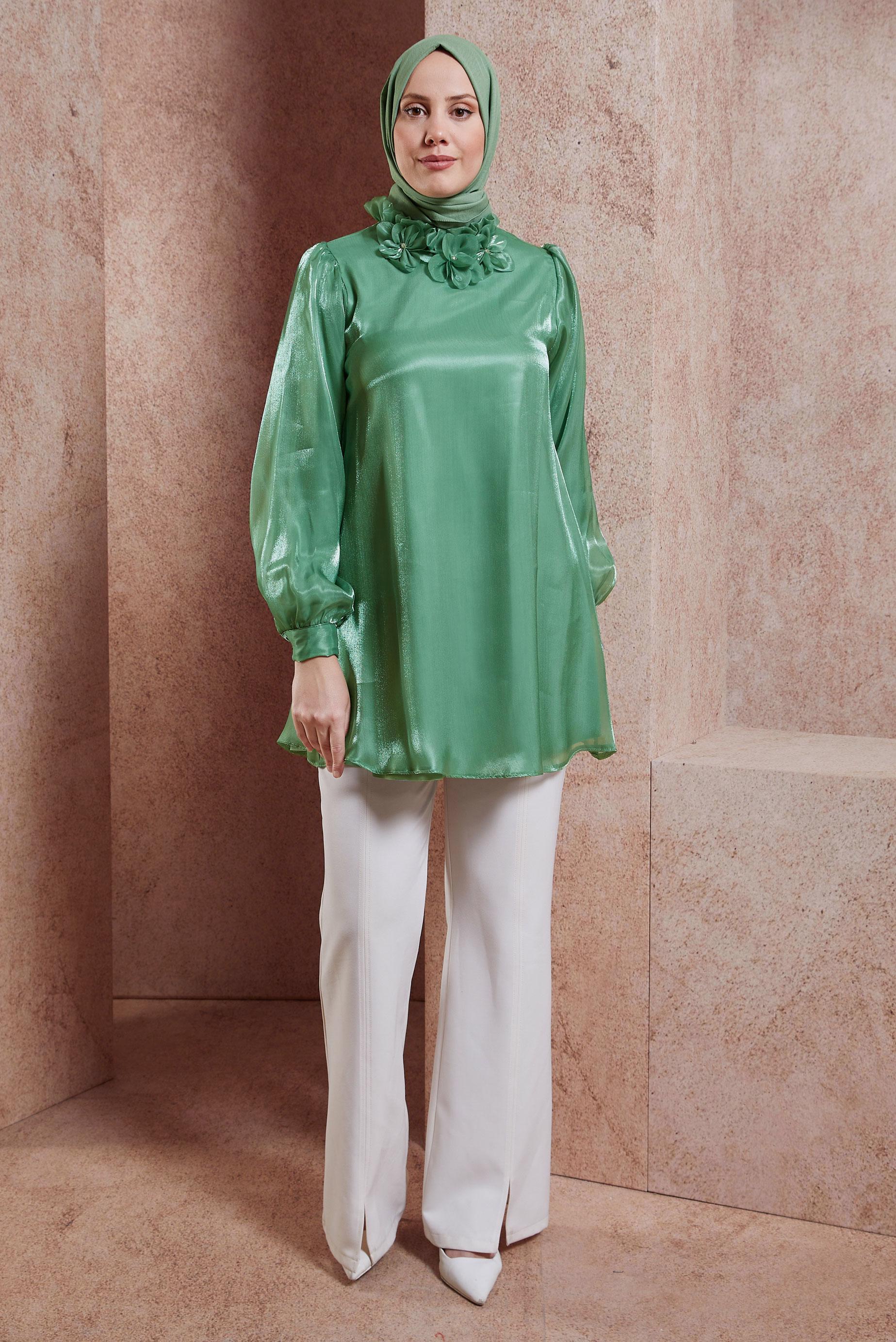 Tesettür giyim YEŞİL ÜÇ BOYUTLU ÇİÇEK DETAYLI TUNİK 44568