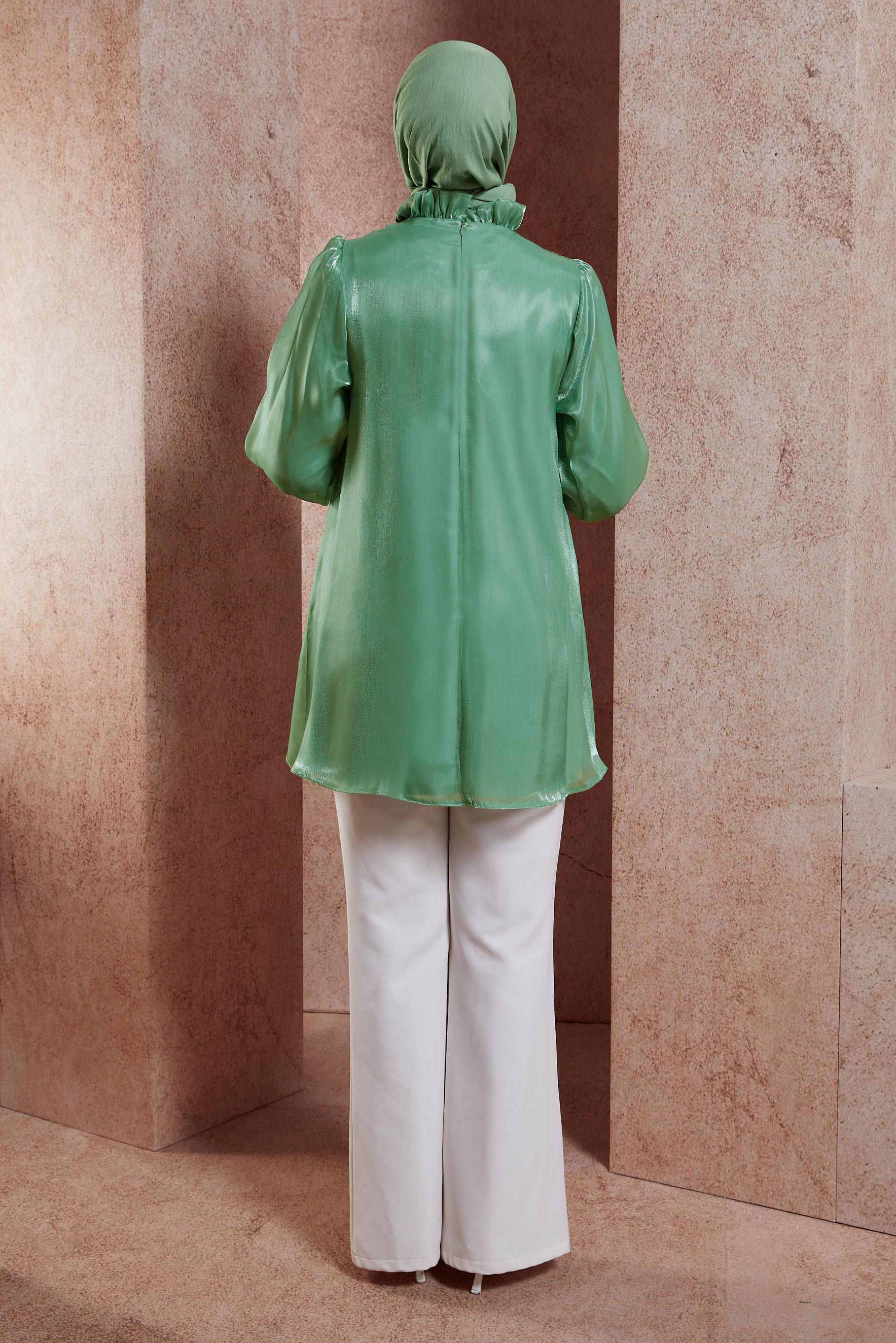 Tesettür giyim YEŞİL ÜÇ BOYUTLU ÇİÇEK DETAYLI TUNİK 44568