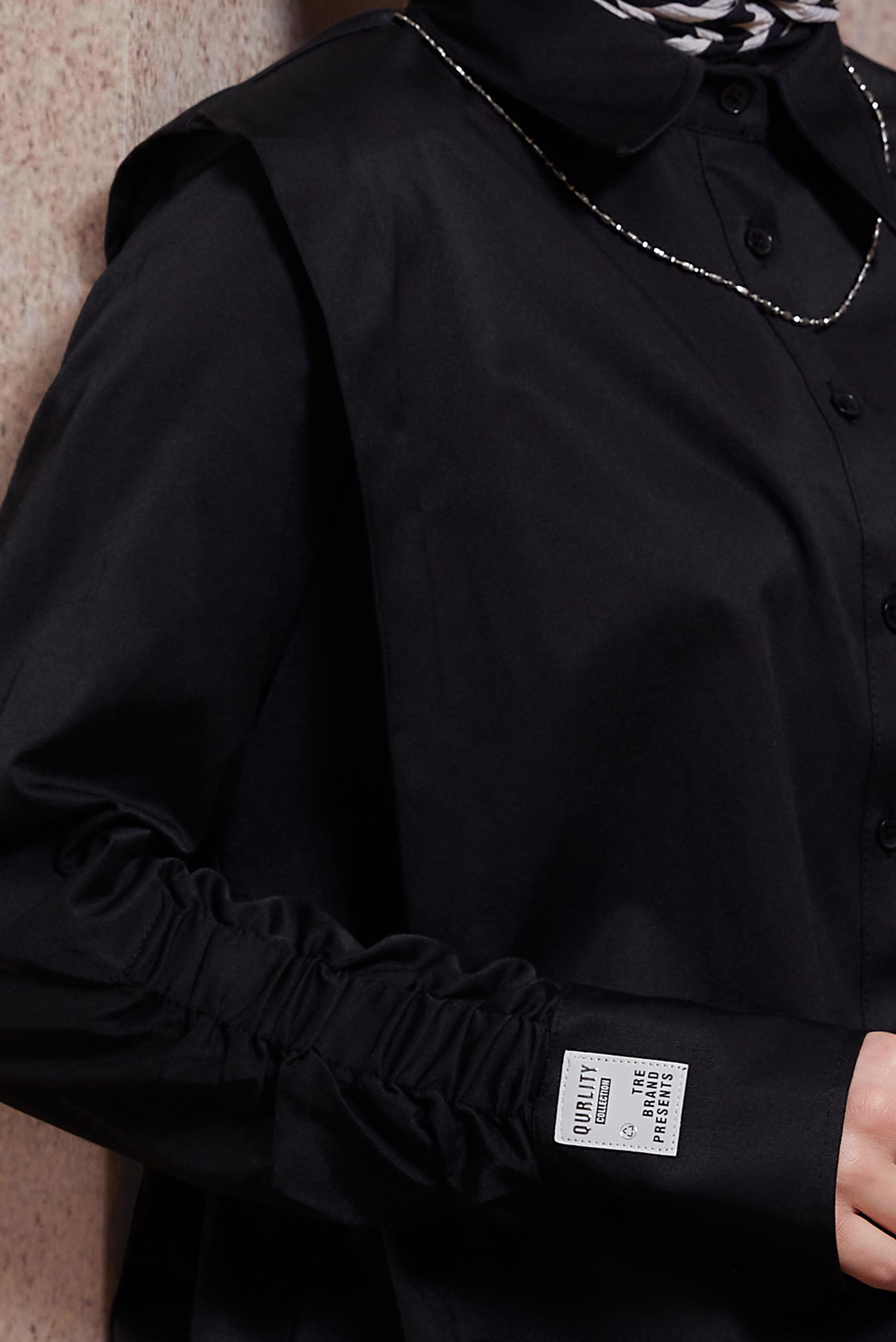 Tesettür giyim SİYAH BÜZGÜ DETAYLI SATEN TUNİK 44466