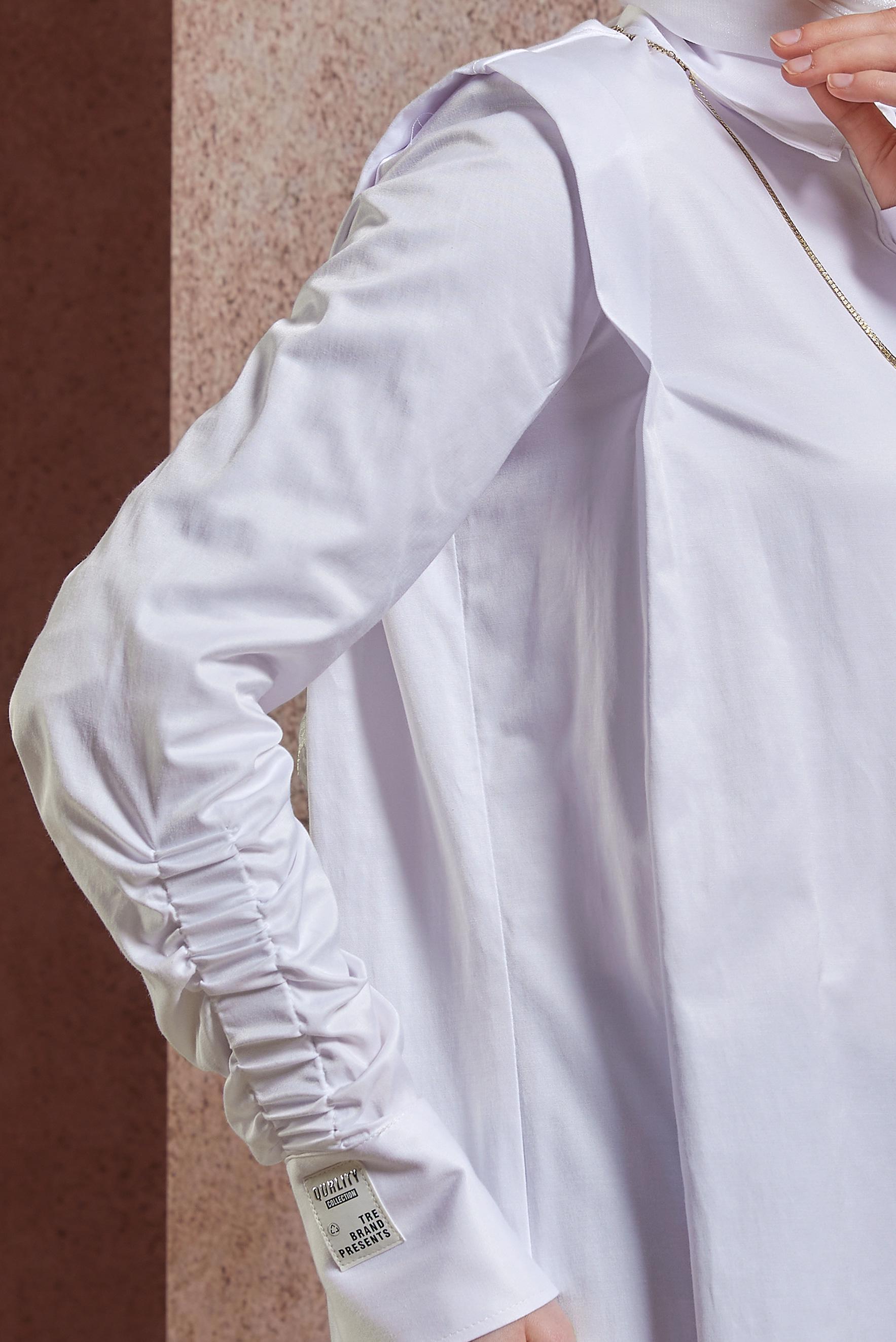 Tesettür giyim BEYAZ BÜZGÜ DETAYLI SATEN TUNİK 44466