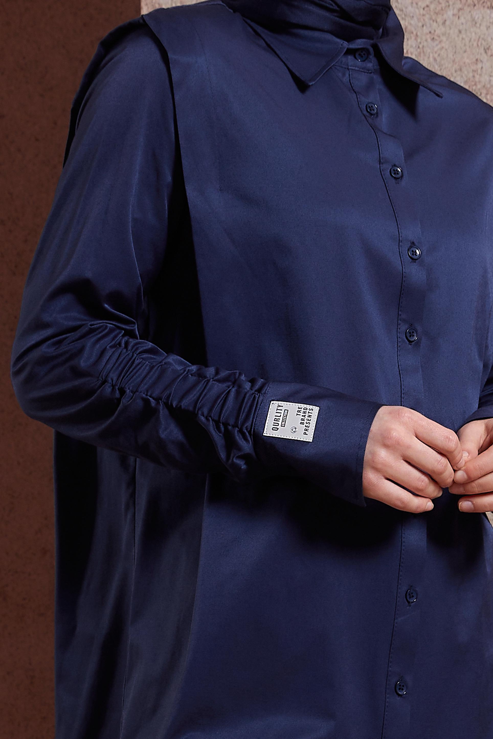 Tesettür giyim LACİVERT BÜZGÜ DETAYLI SATEN TUNİK 44466