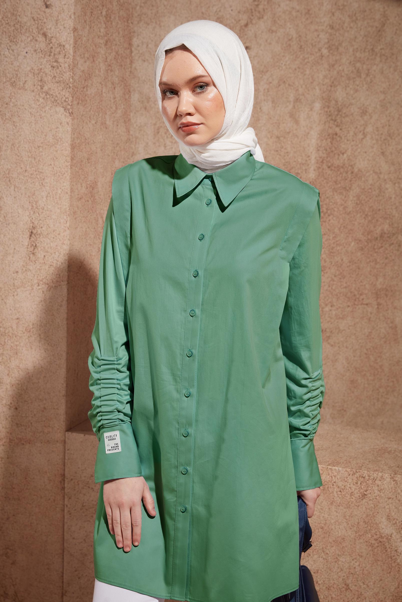 Tesettür giyim MAVİ BÜZGÜ DETAYLI SATEN TUNİK 44466