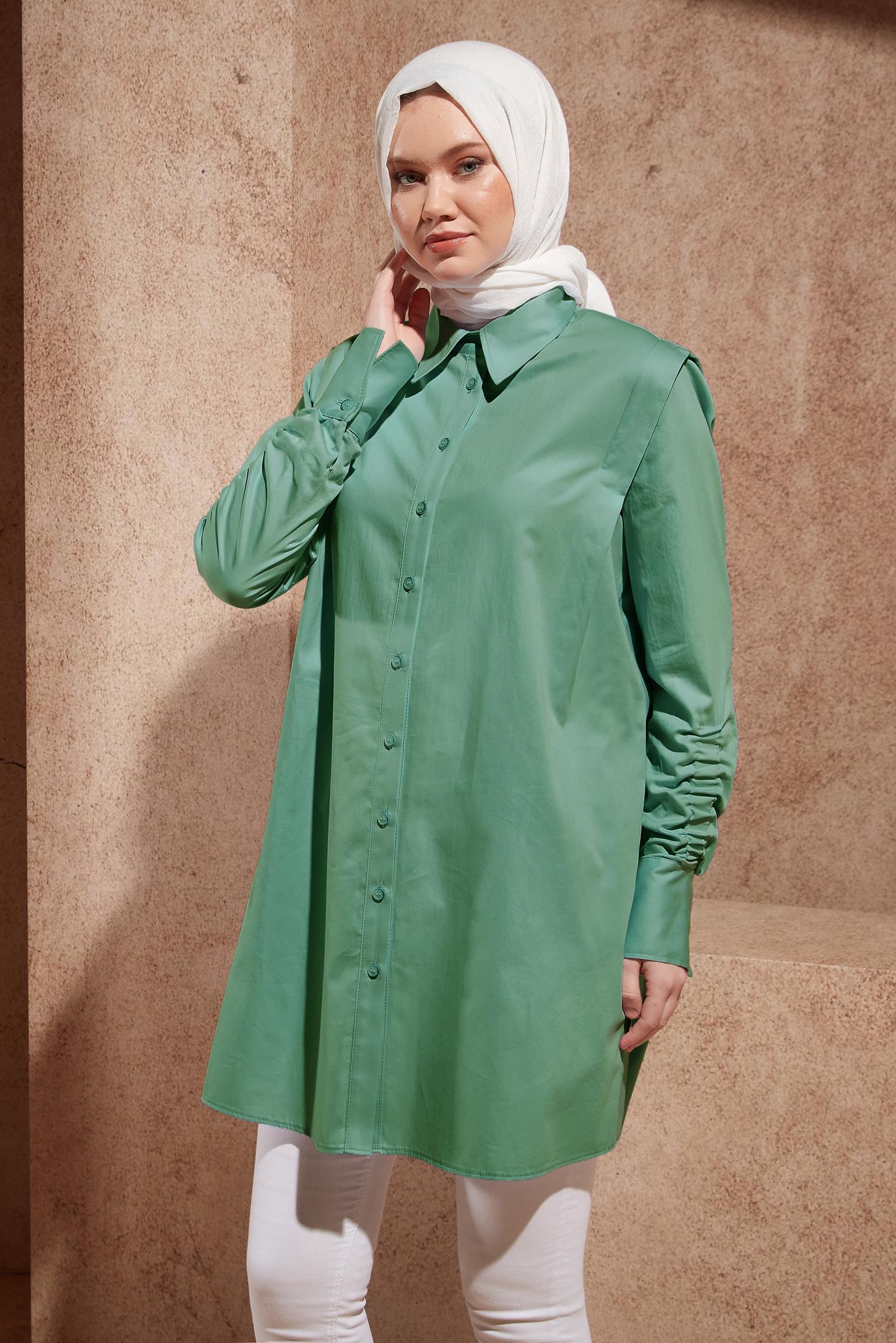 Tesettür giyim MAVİ BÜZGÜ DETAYLI SATEN TUNİK 44466