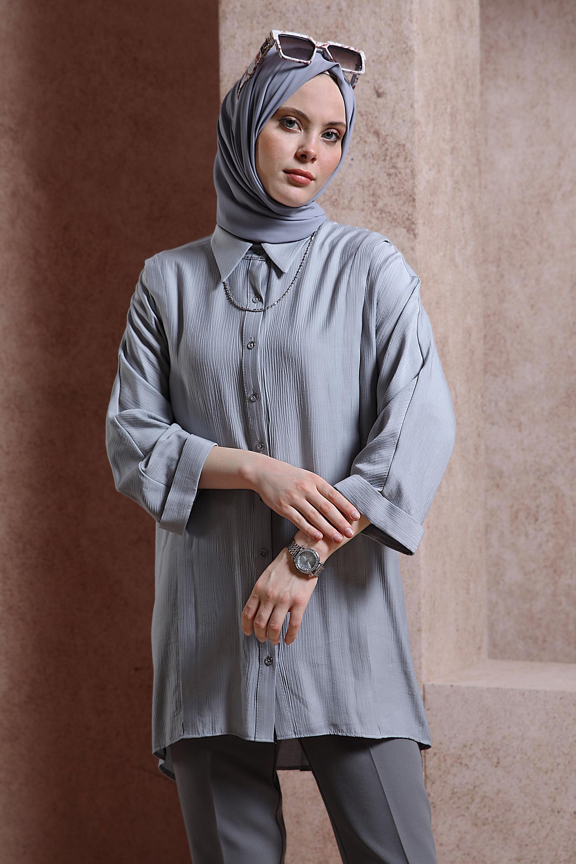 Tesettür giyim GRİ GÖMLEK TUNİK 44467