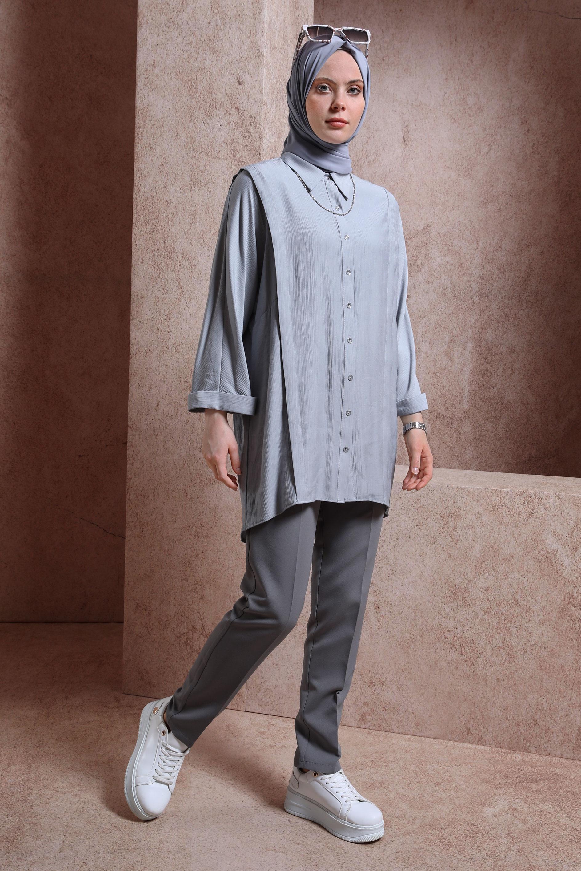 Tesettür giyim GRİ GÖMLEK TUNİK 44467