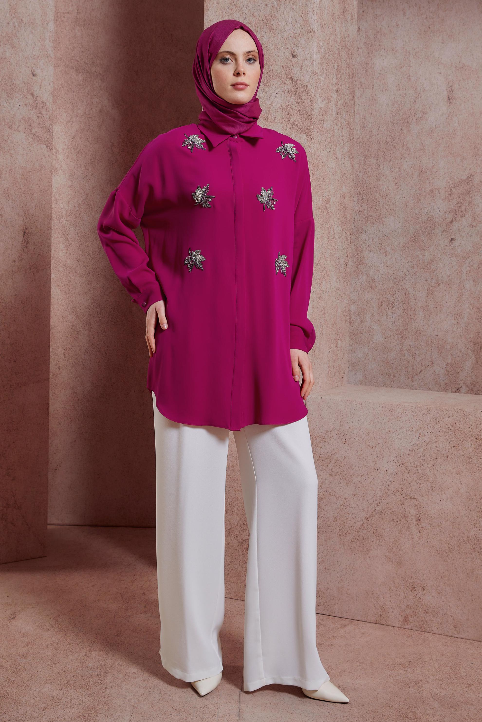 Tesettür giyim FUŞYA TAŞLI TUNİK 44468