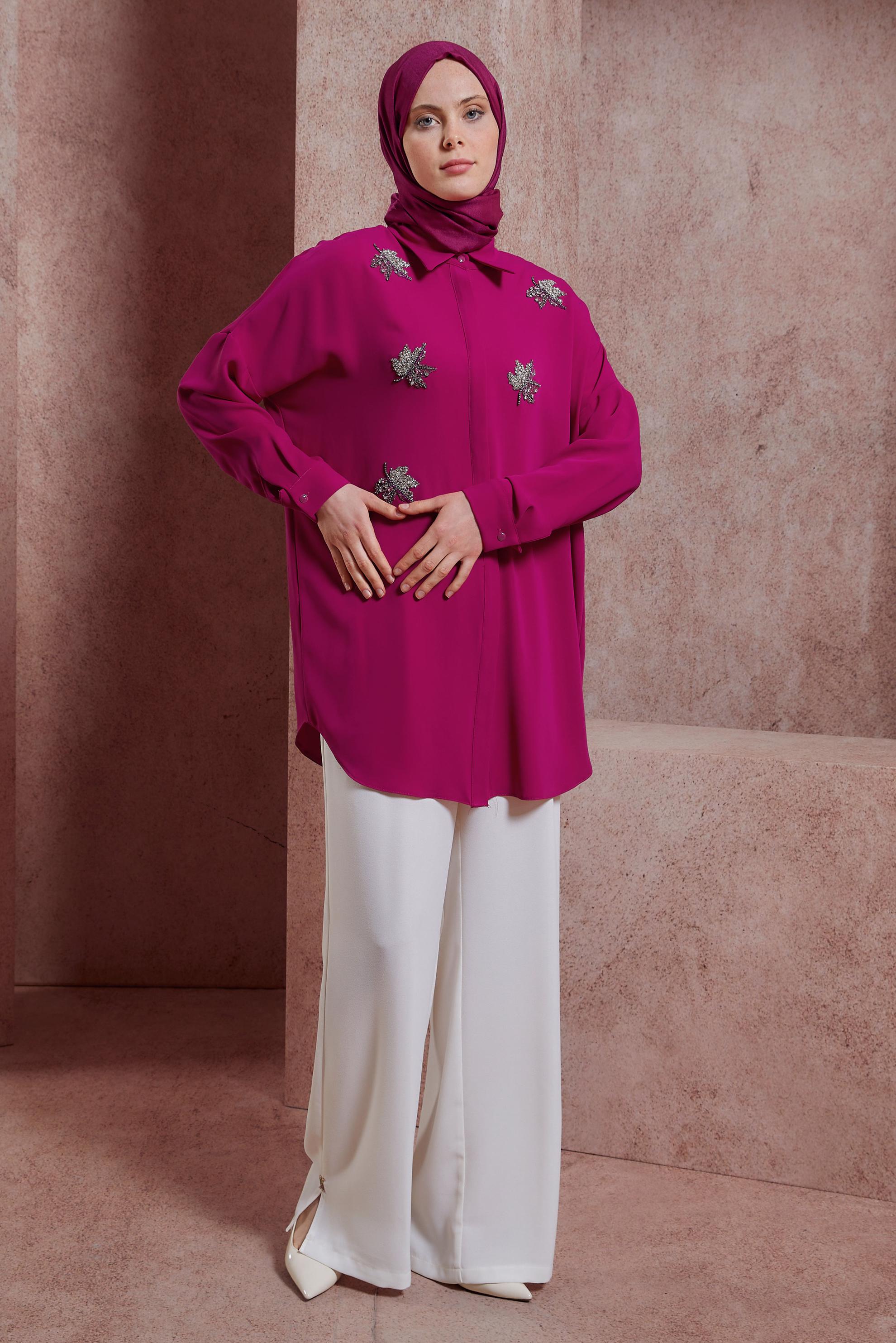 Tesettür giyim FUŞYA TAŞLI TUNİK 44468