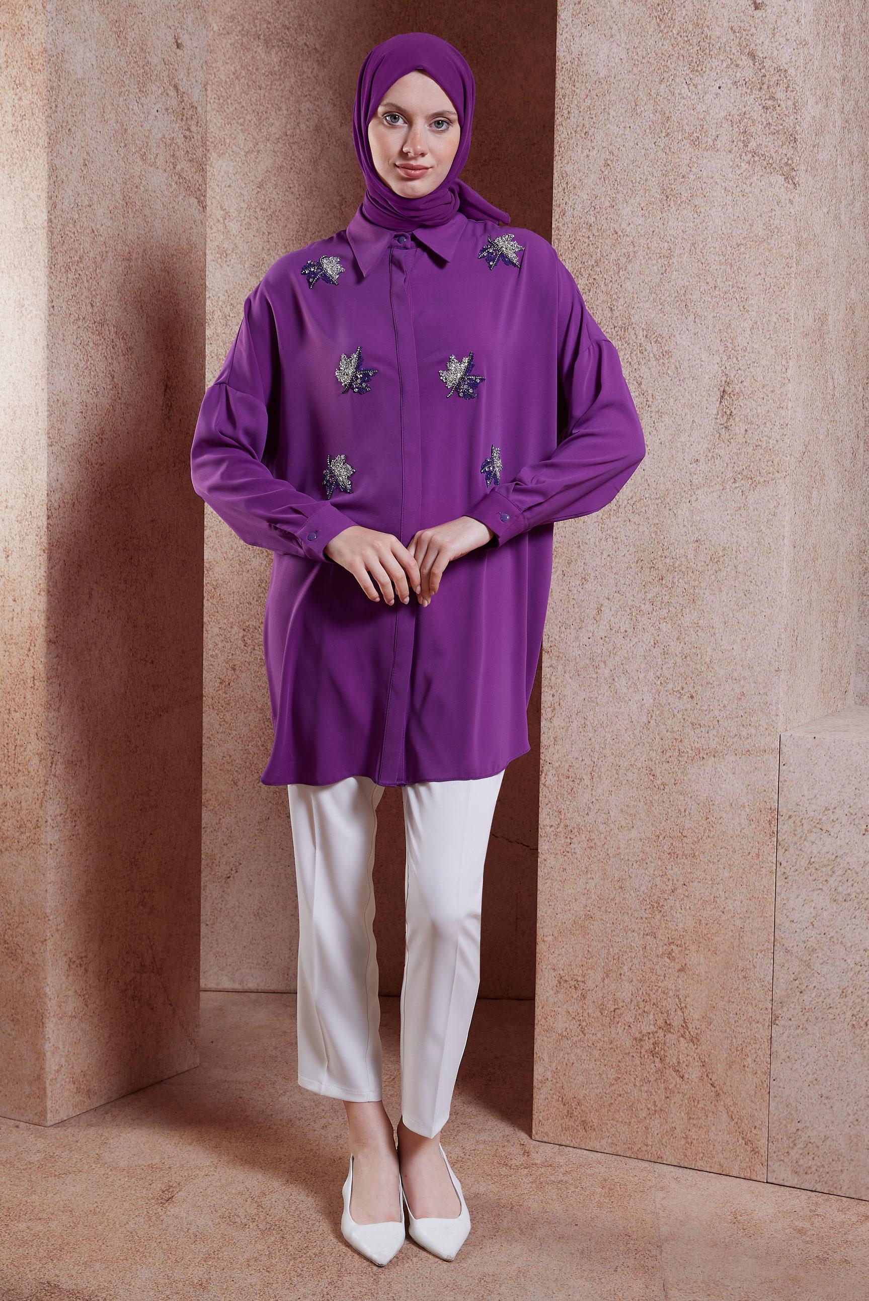 Tesettür giyim MOR TAŞ DETAYLI TESETTÜR TUNİK 44468-1