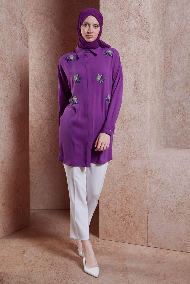 Tesettür giyim MOR TAŞ DETAYLI TESETTÜR TUNİK 44468-1 - ALVİNA