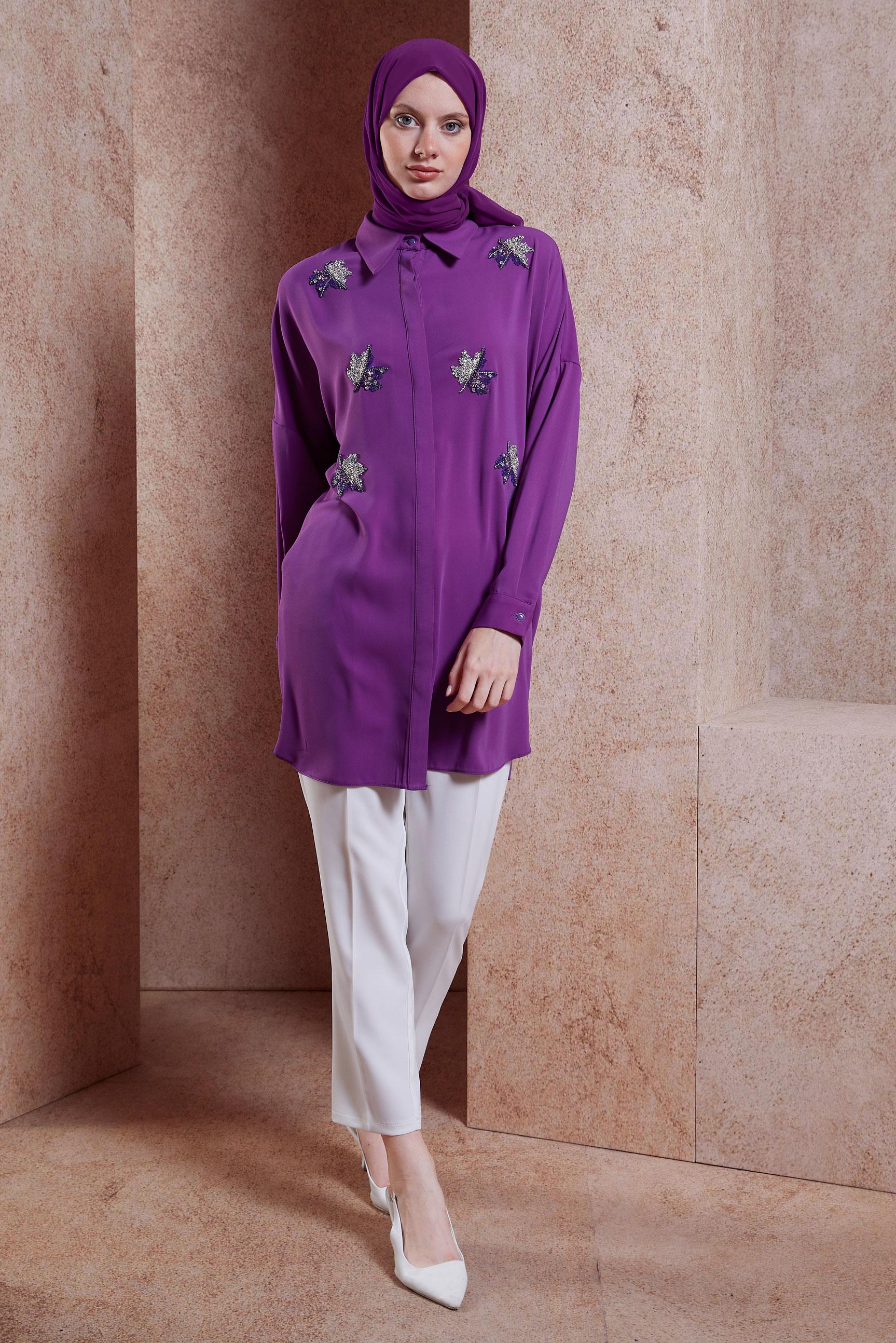 Tesettür giyim MOR TAŞ DETAYLI TESETTÜR TUNİK 44468-1