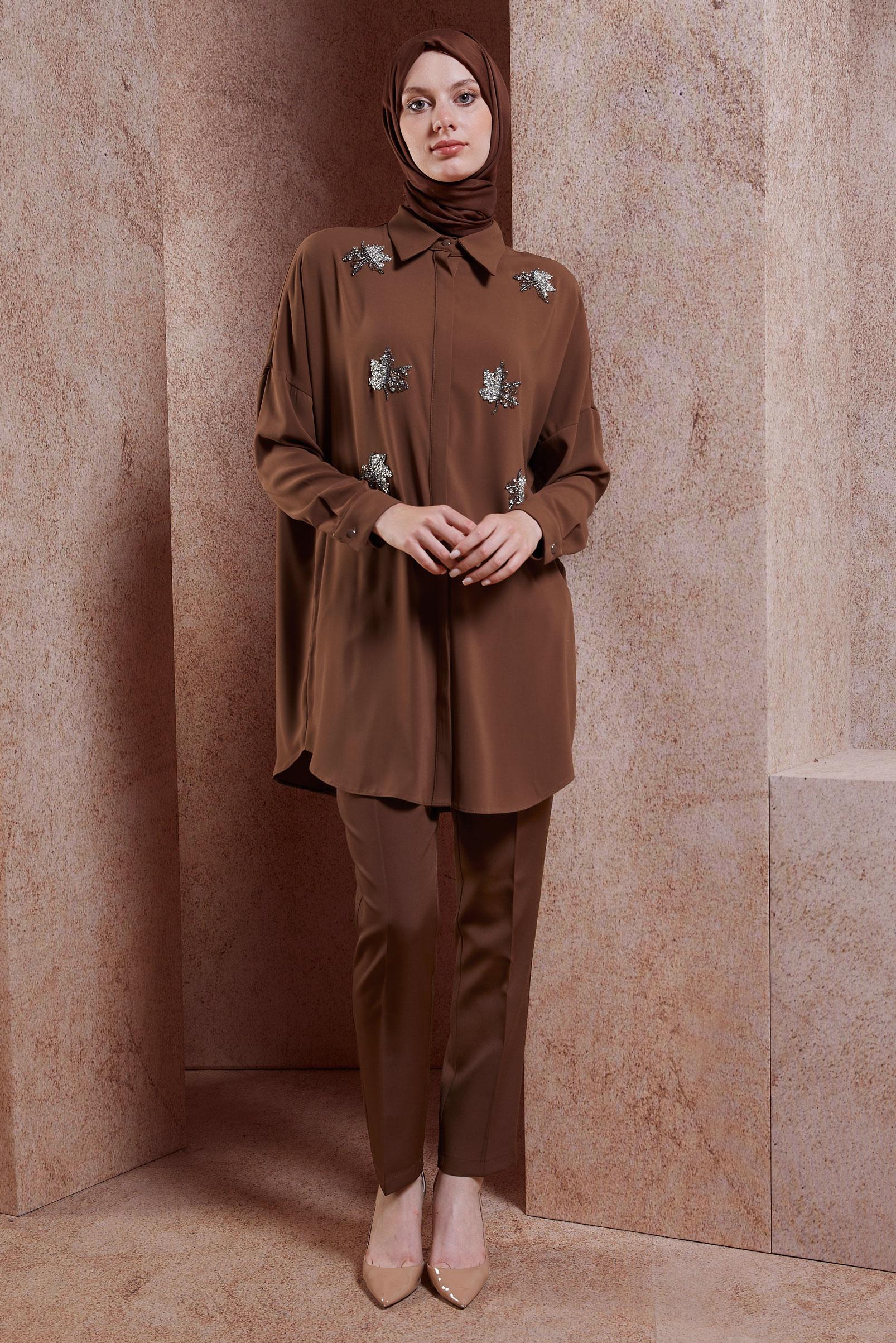 Tesettür giyim KAHVE TAŞ DETAYLI TESETTÜR TUNİK 44468-1