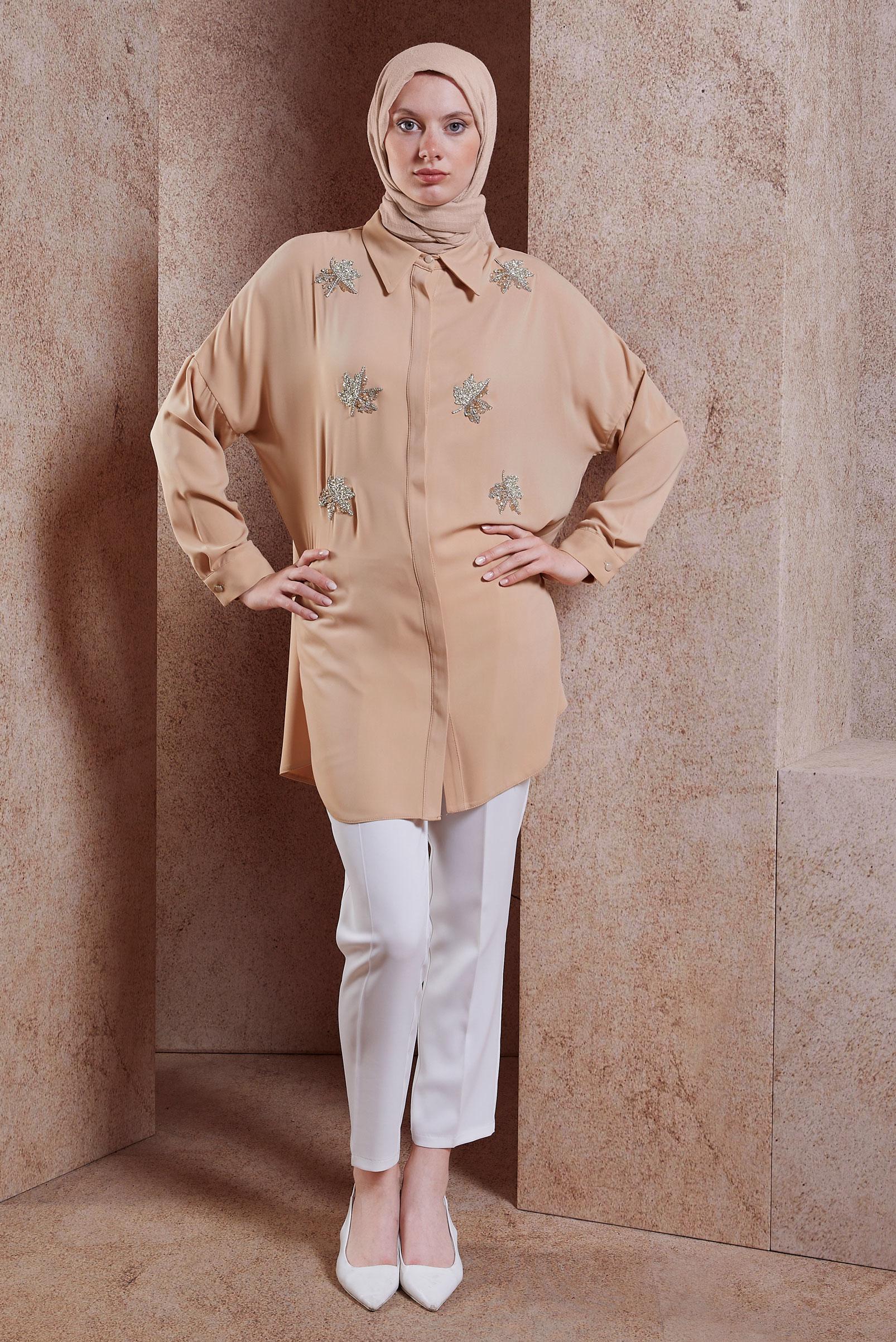 Tesettür giyim PUDRA TAŞ DETAYLI TESETTÜR TUNİK 44468-1
