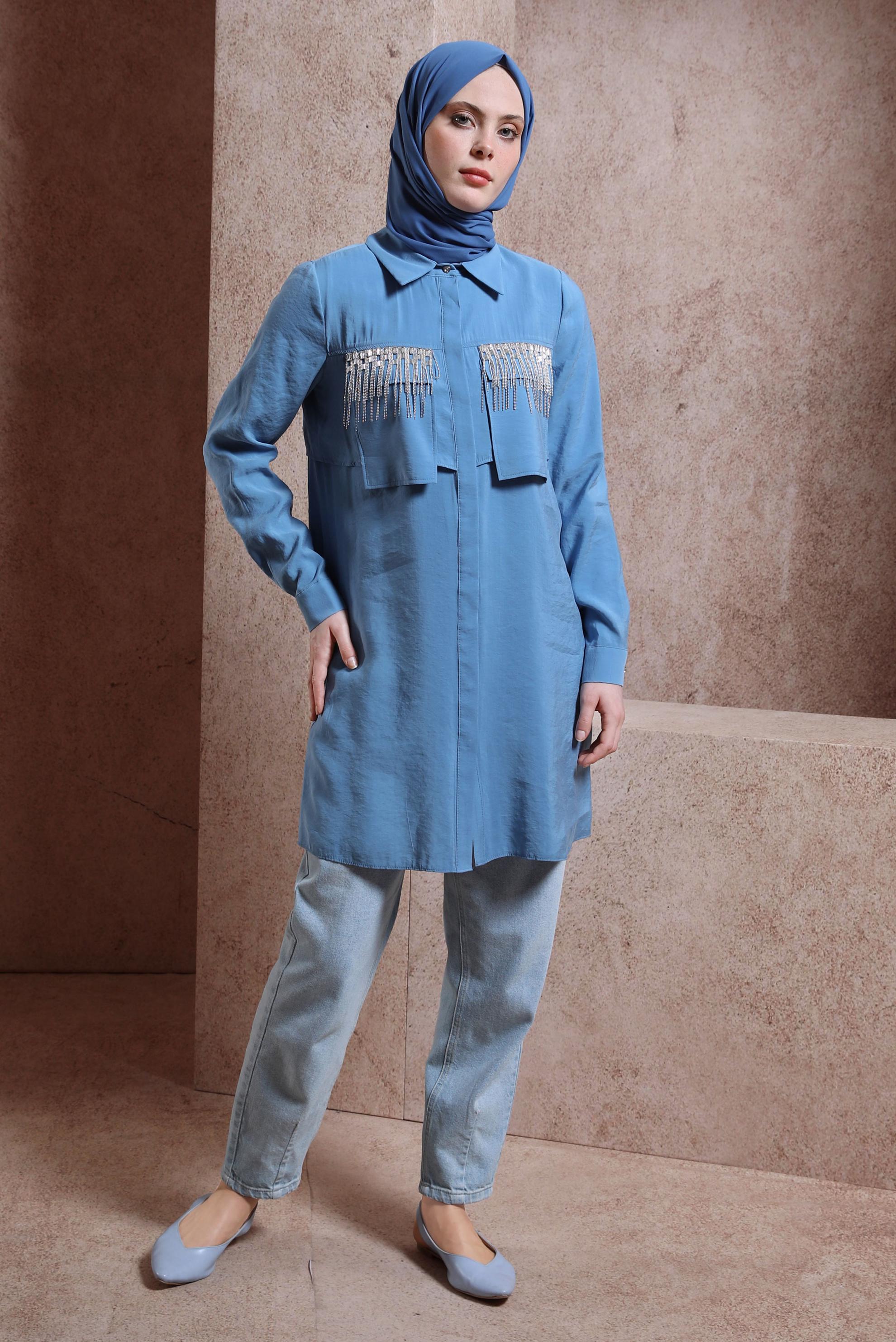 Tesettür giyim MAVİ PÜSKÜL DETAYLI TUNİK 44469