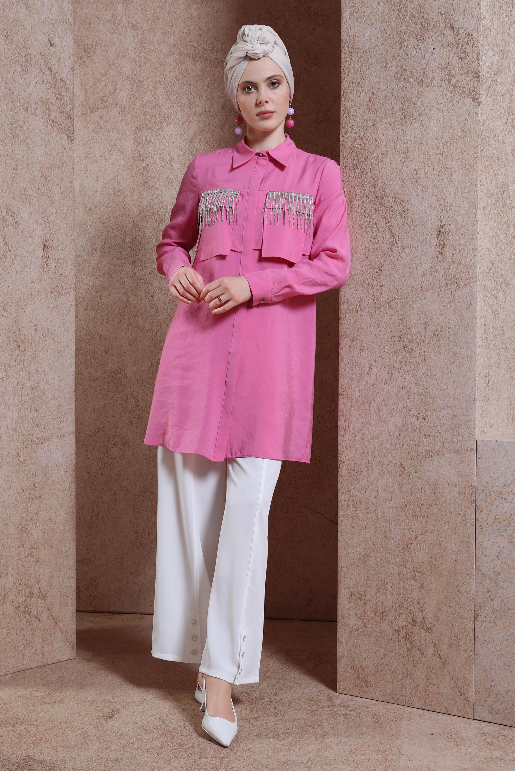 Tesettür giyim PEMBE PÜSKÜL DETAYLI TUNİK 44469