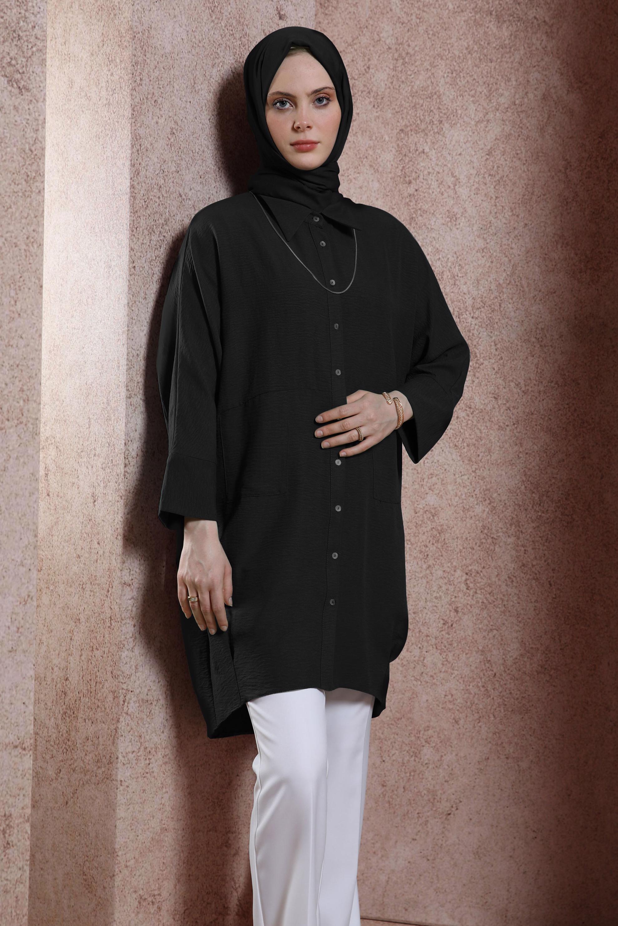 Tesettür giyim SİYAH GÖMLEK YAKA TUNİK 44471