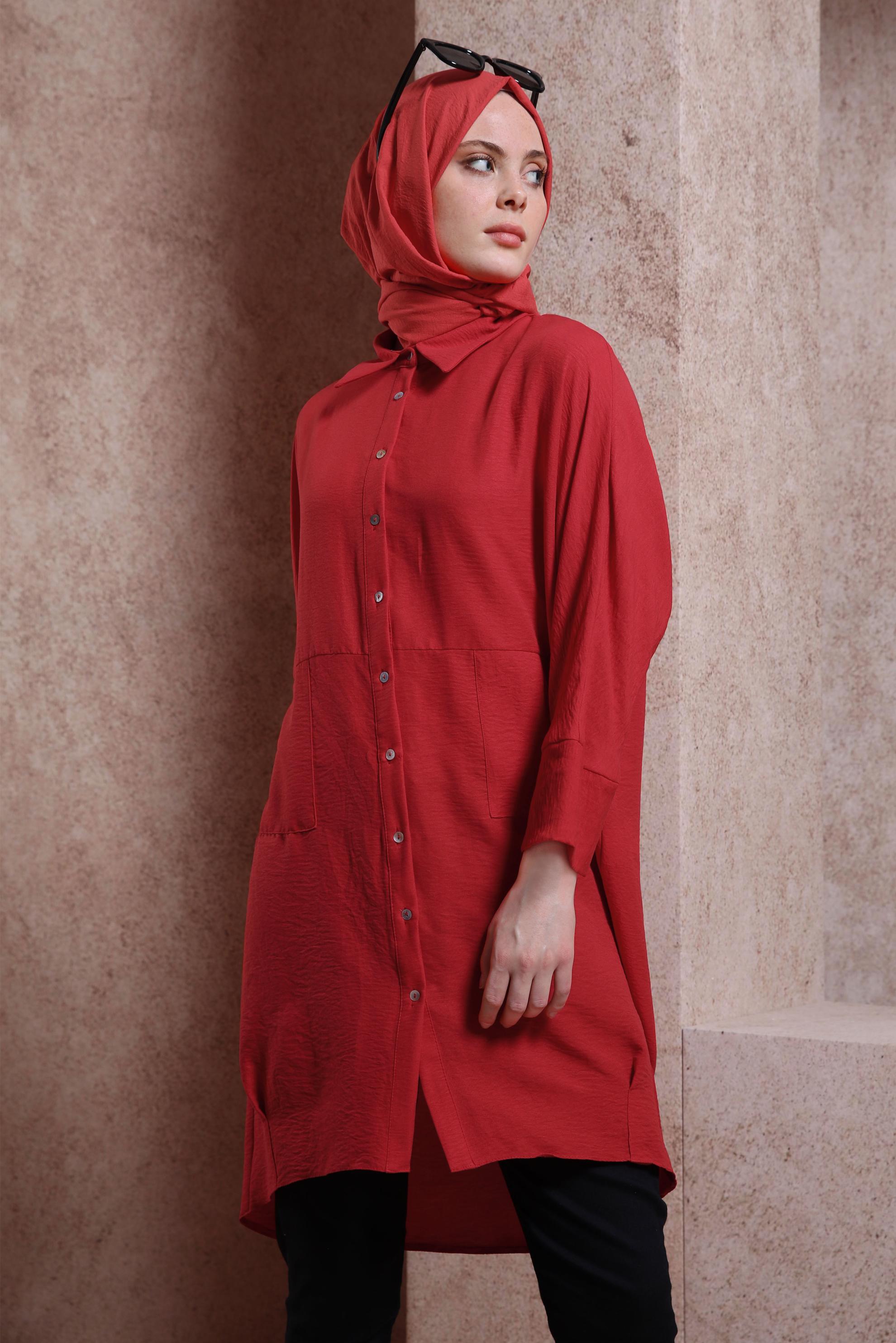 Tesettür giyim KIRMIZI GÖMLEK YAKA TUNİK 44471