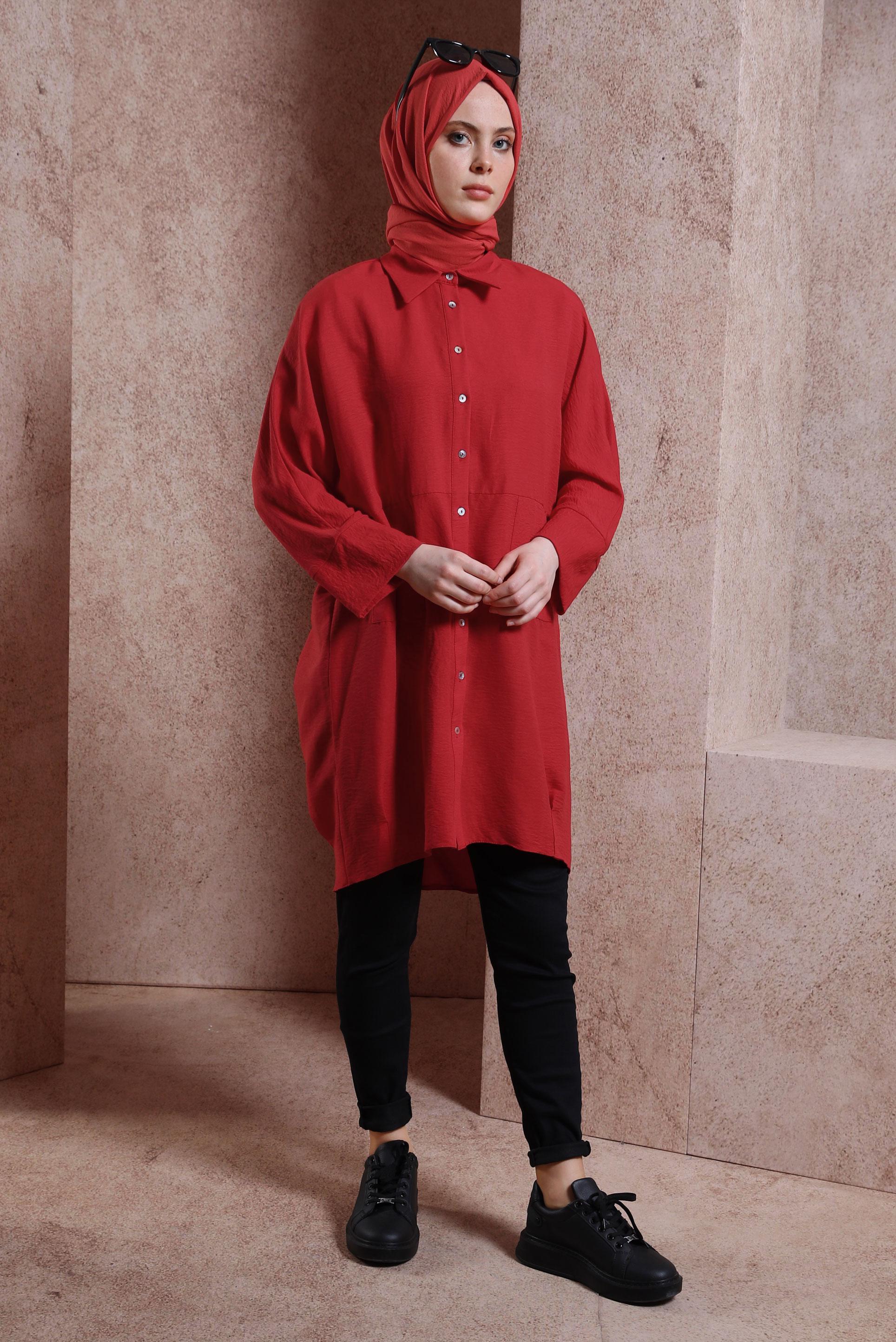Tesettür giyim KIRMIZI GÖMLEK YAKA TUNİK 44471