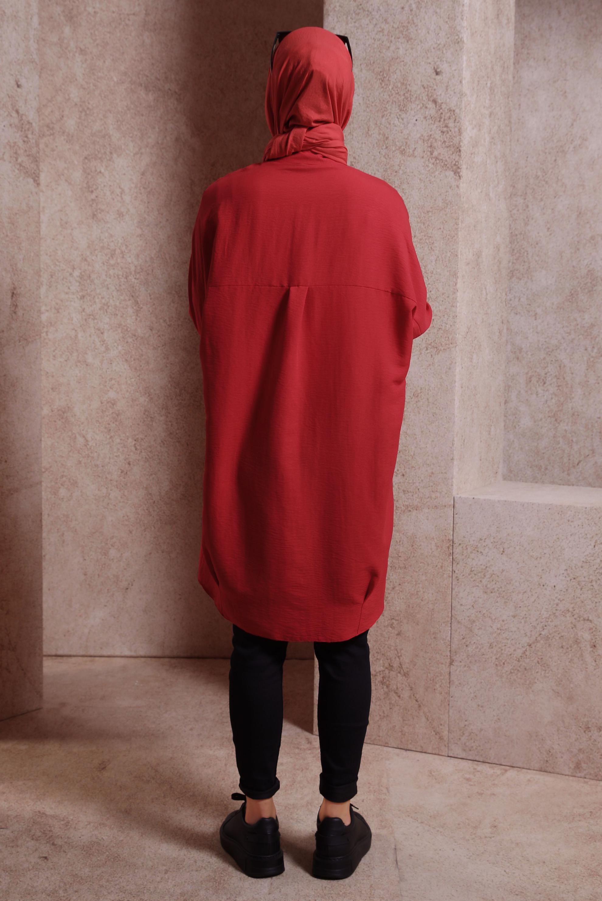 Tesettür giyim KIRMIZI GÖMLEK YAKA TUNİK 44471
