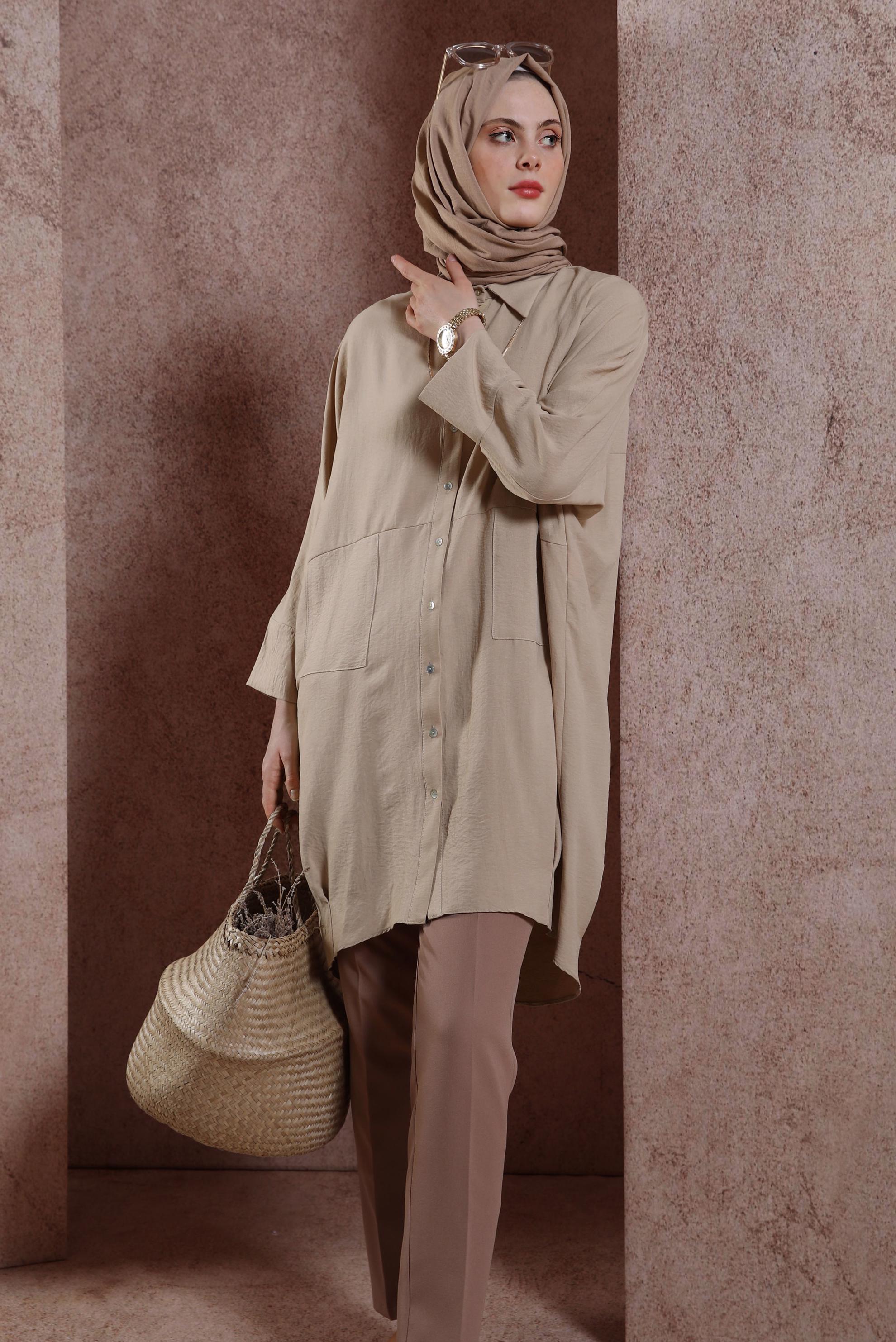 Tesettür giyim BEJ GÖMLEK YAKA TUNİK 44471