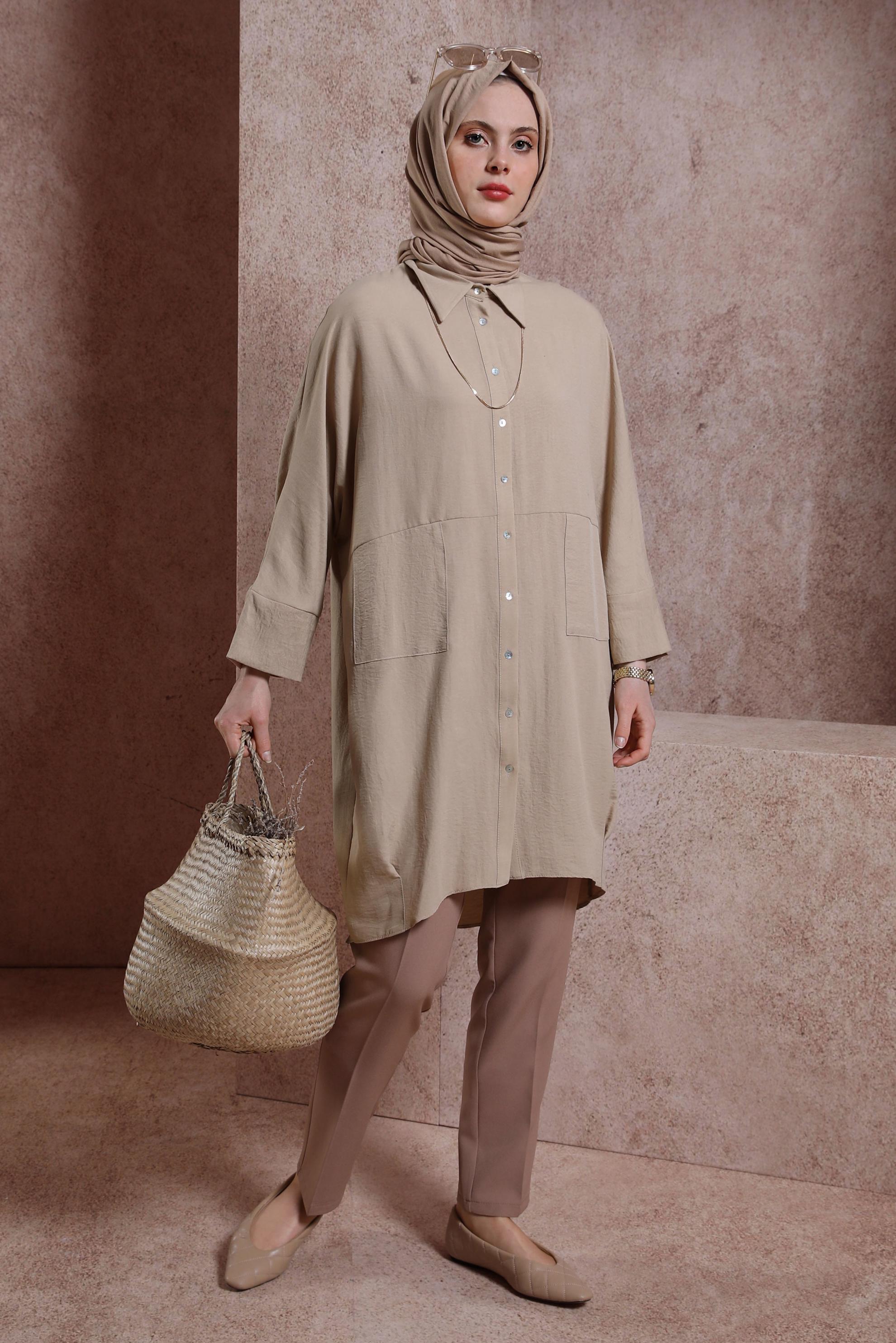 Tesettür giyim BEJ GÖMLEK YAKA TUNİK 44471