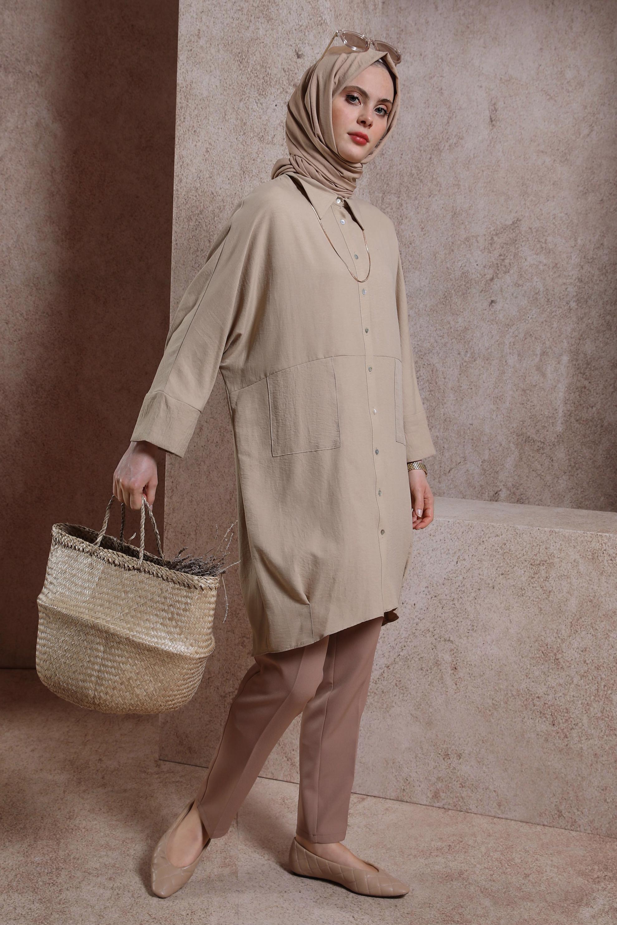 Tesettür giyim BEJ GÖMLEK YAKA TUNİK 44471