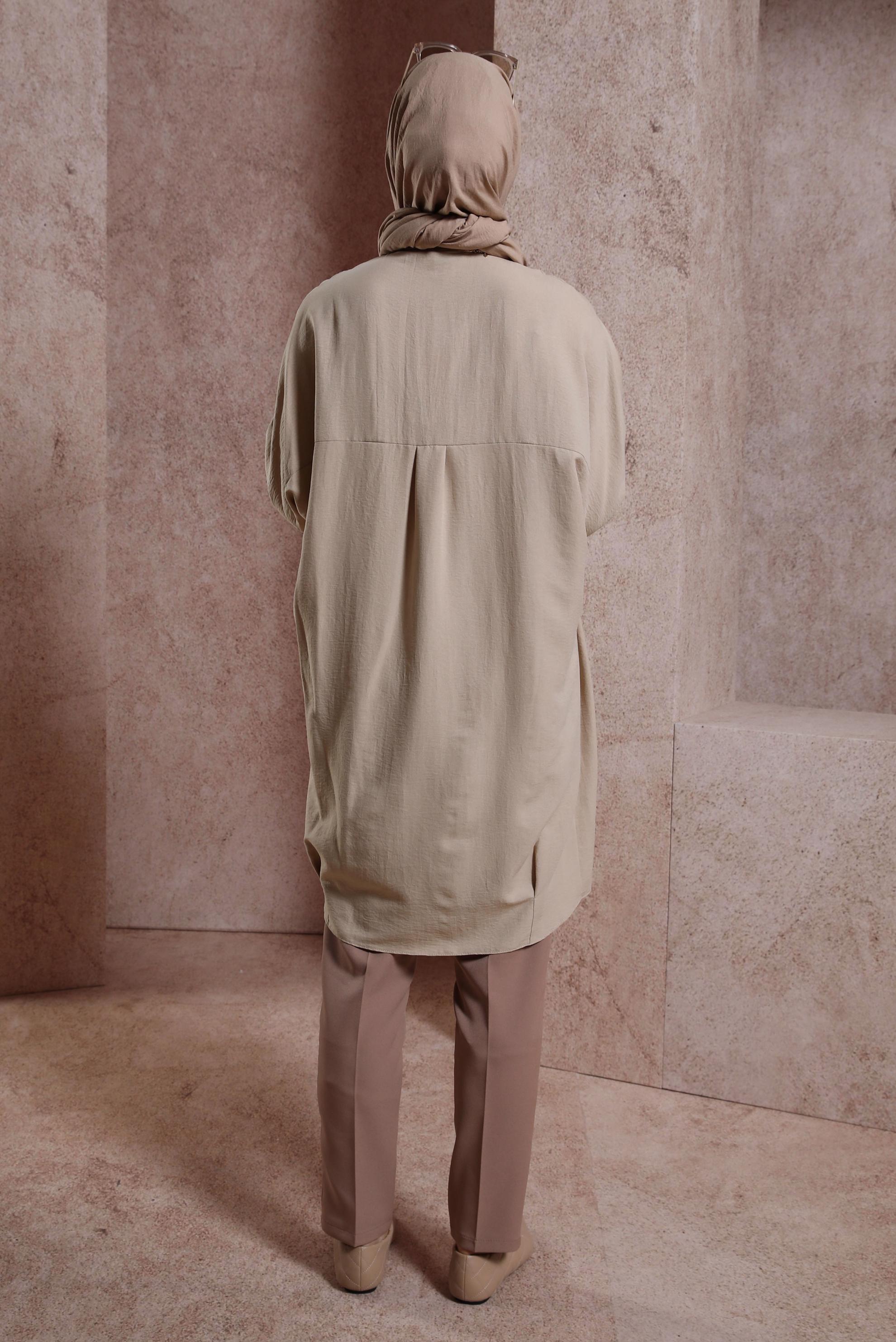 Tesettür giyim BEJ GÖMLEK YAKA TUNİK 44471