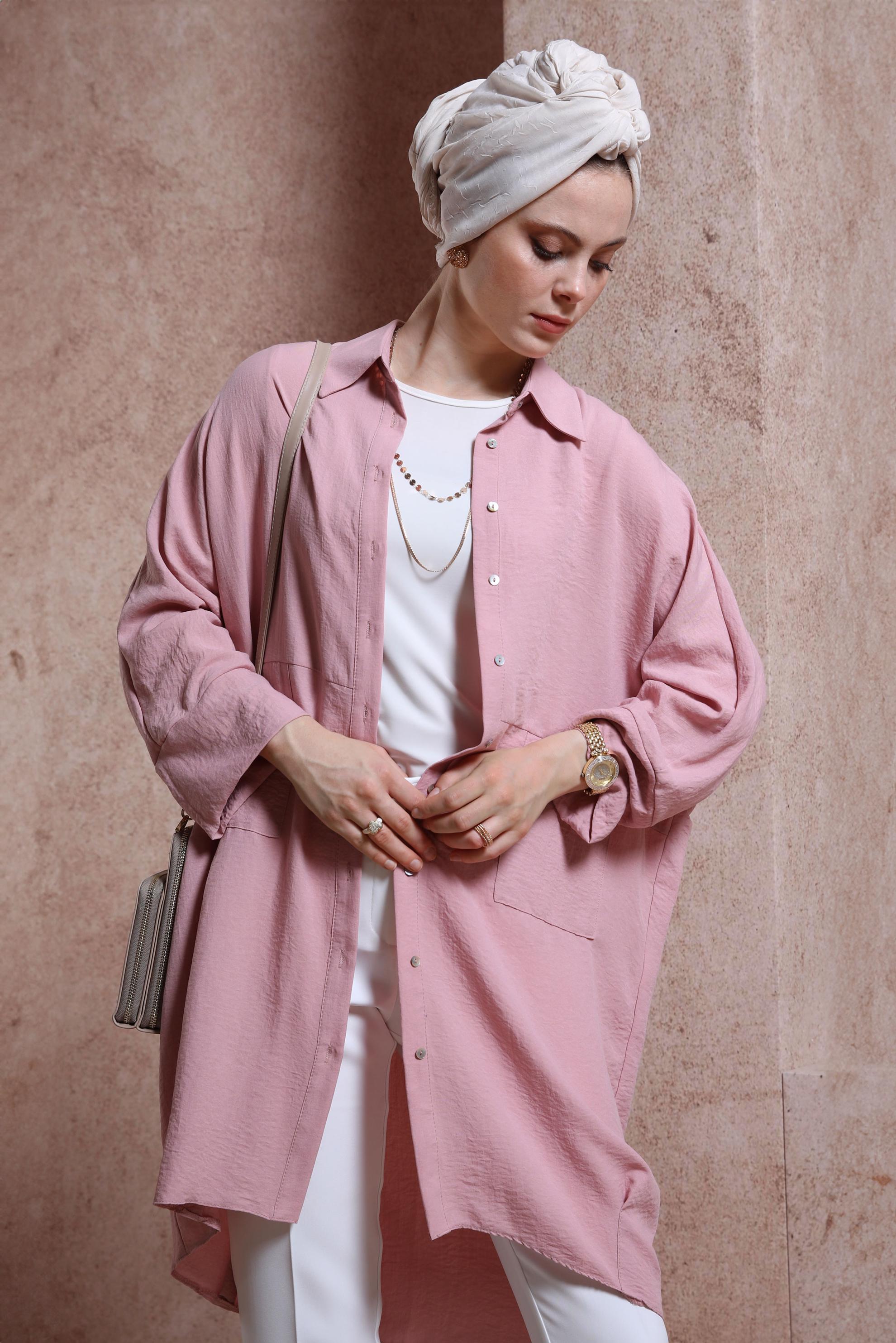 Tesettür giyim PUDRA GÖMLEK YAKA TUNİK 44471