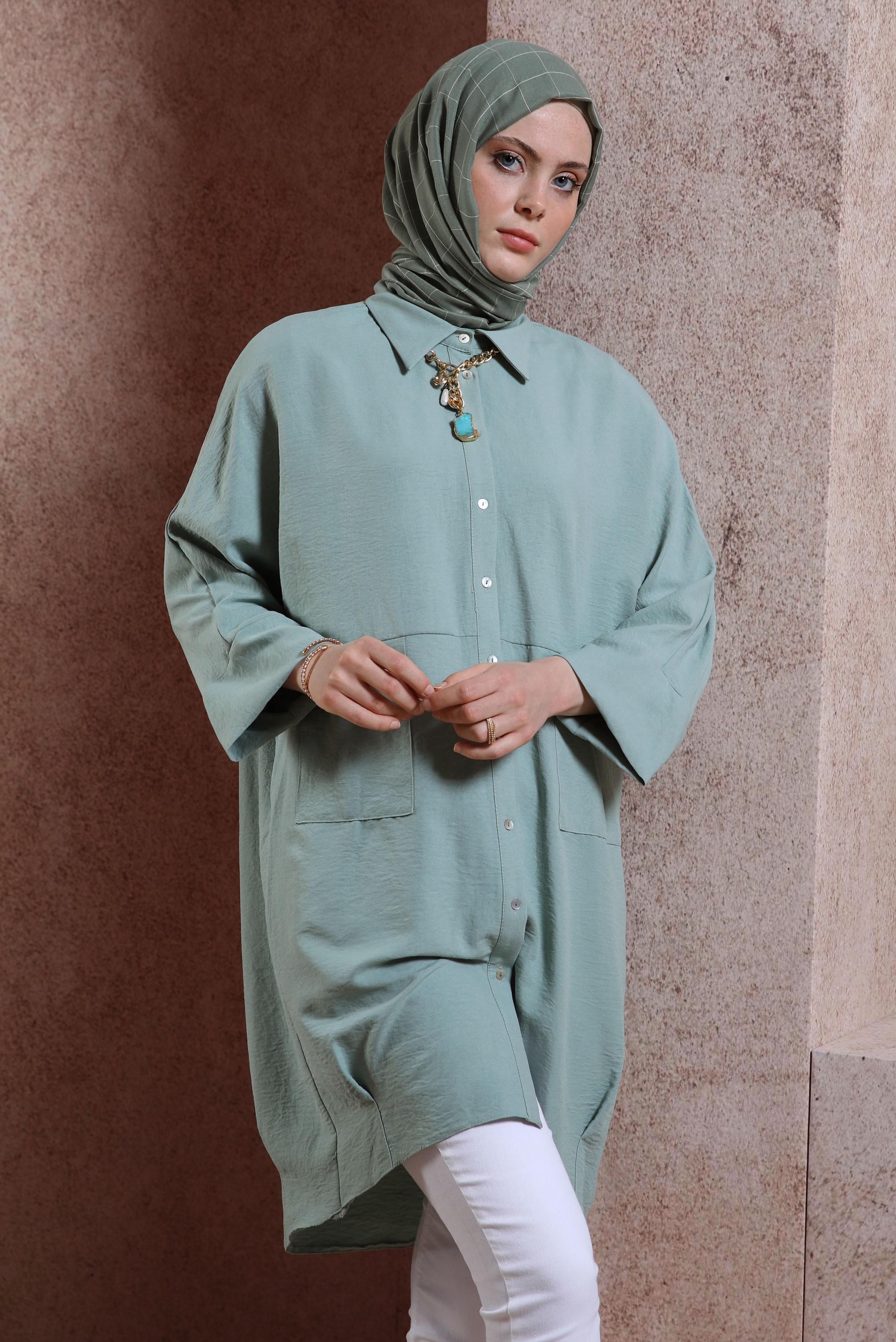 Tesettür giyim MAVİ GÖMLEK YAKA TUNİK 44471