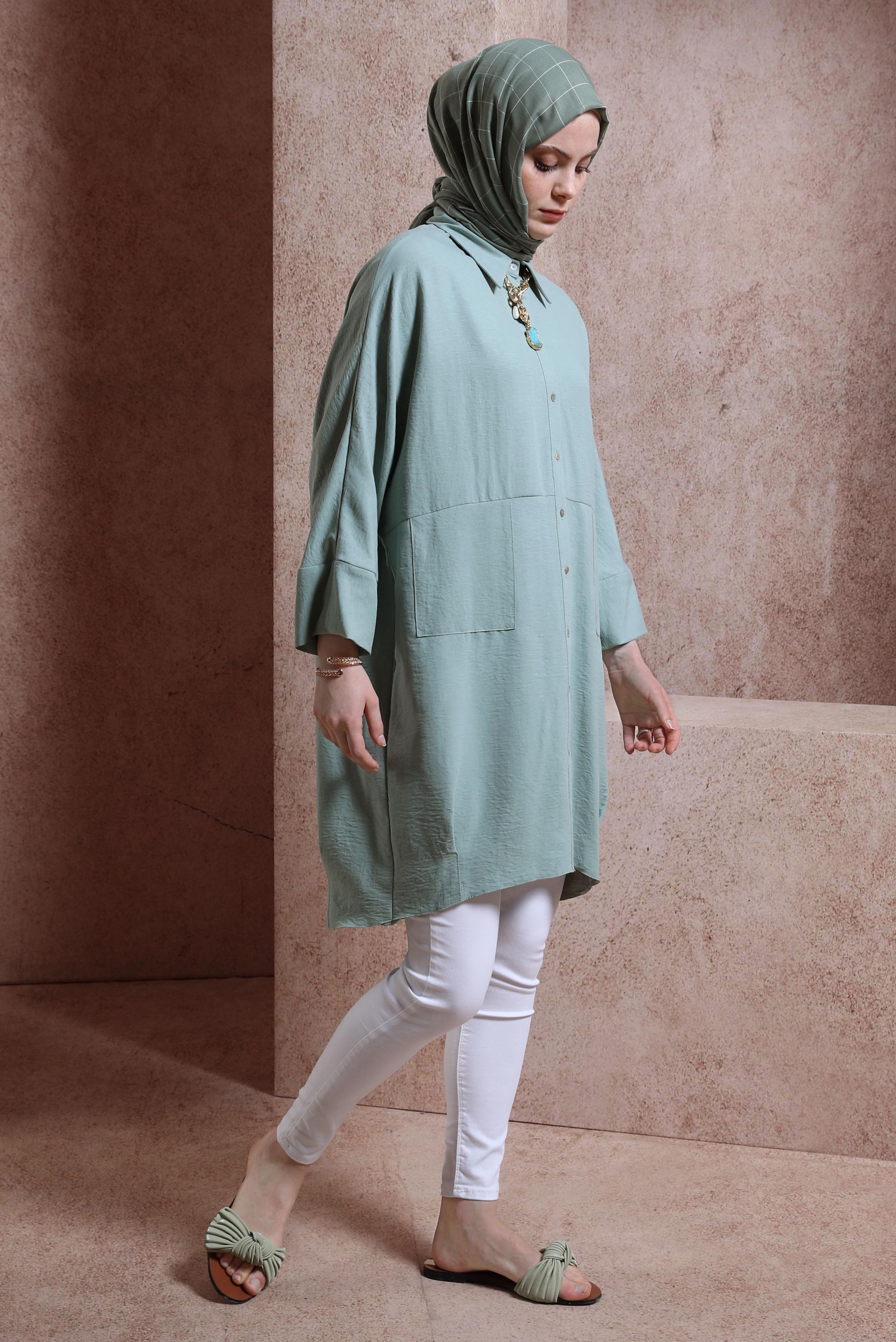 Tesettür giyim MAVİ GÖMLEK YAKA TUNİK 44471