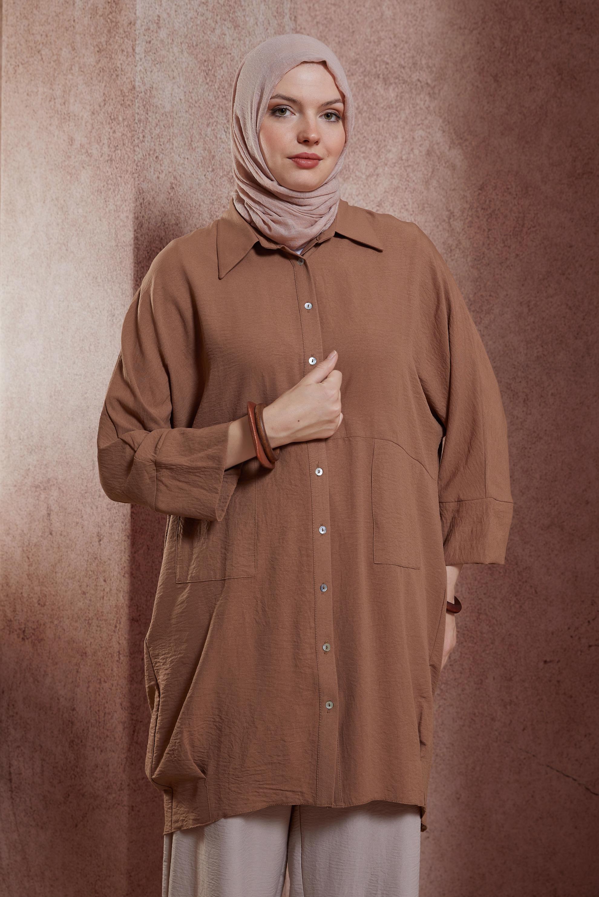 Tesettür giyim TABA GÖMLEK YAKA TUNİK 44471