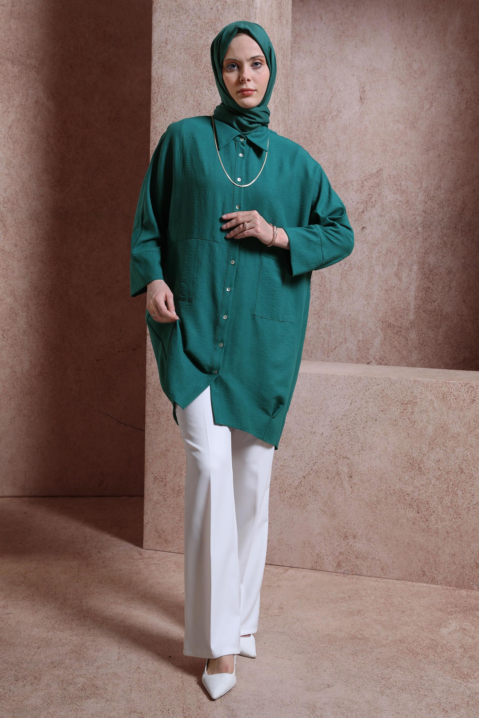 Tesettür giyim YEŞİL GÖMLEK YAKA TUNİK 44471