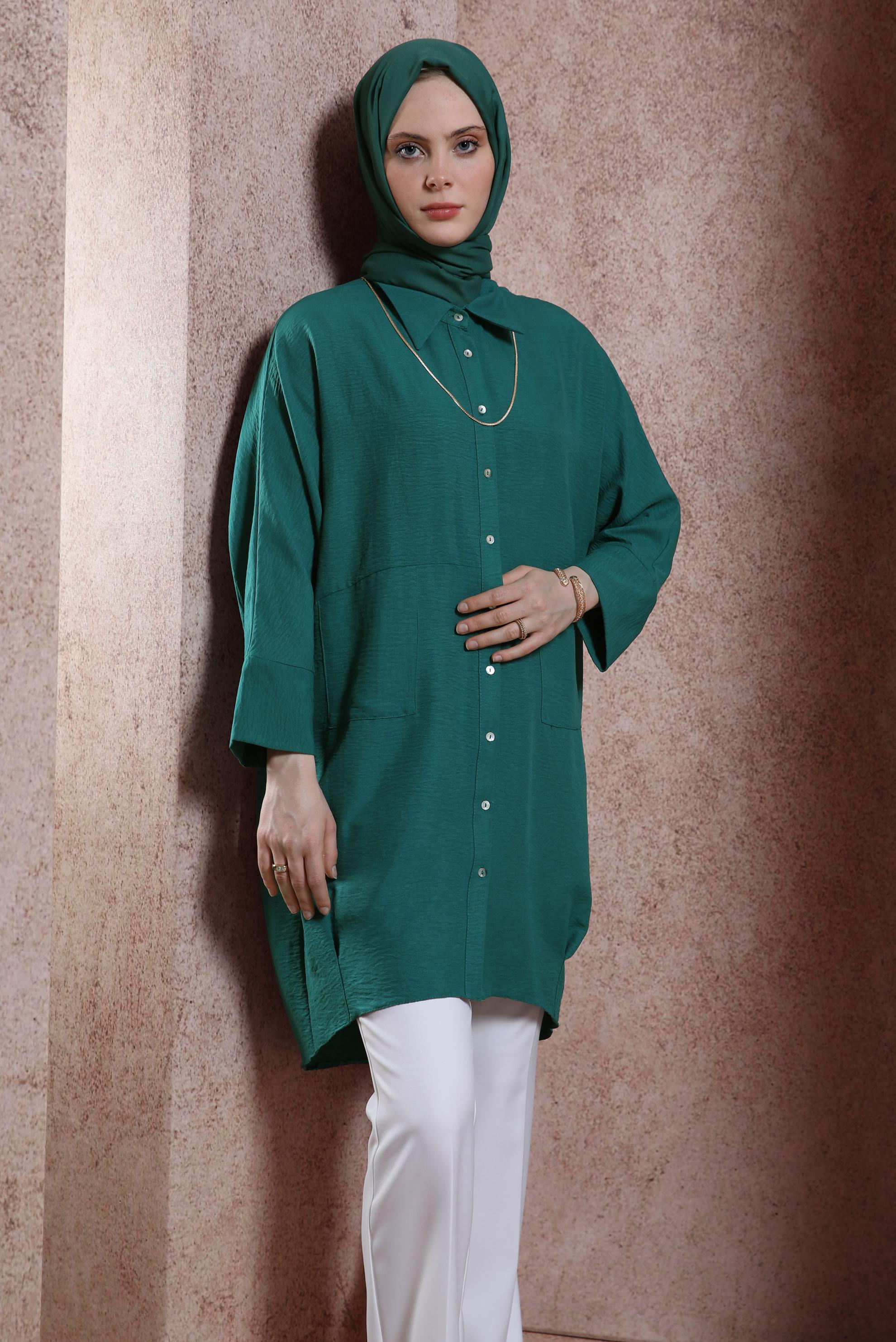 Tesettür giyim YEŞİL GÖMLEK YAKA TUNİK 44471