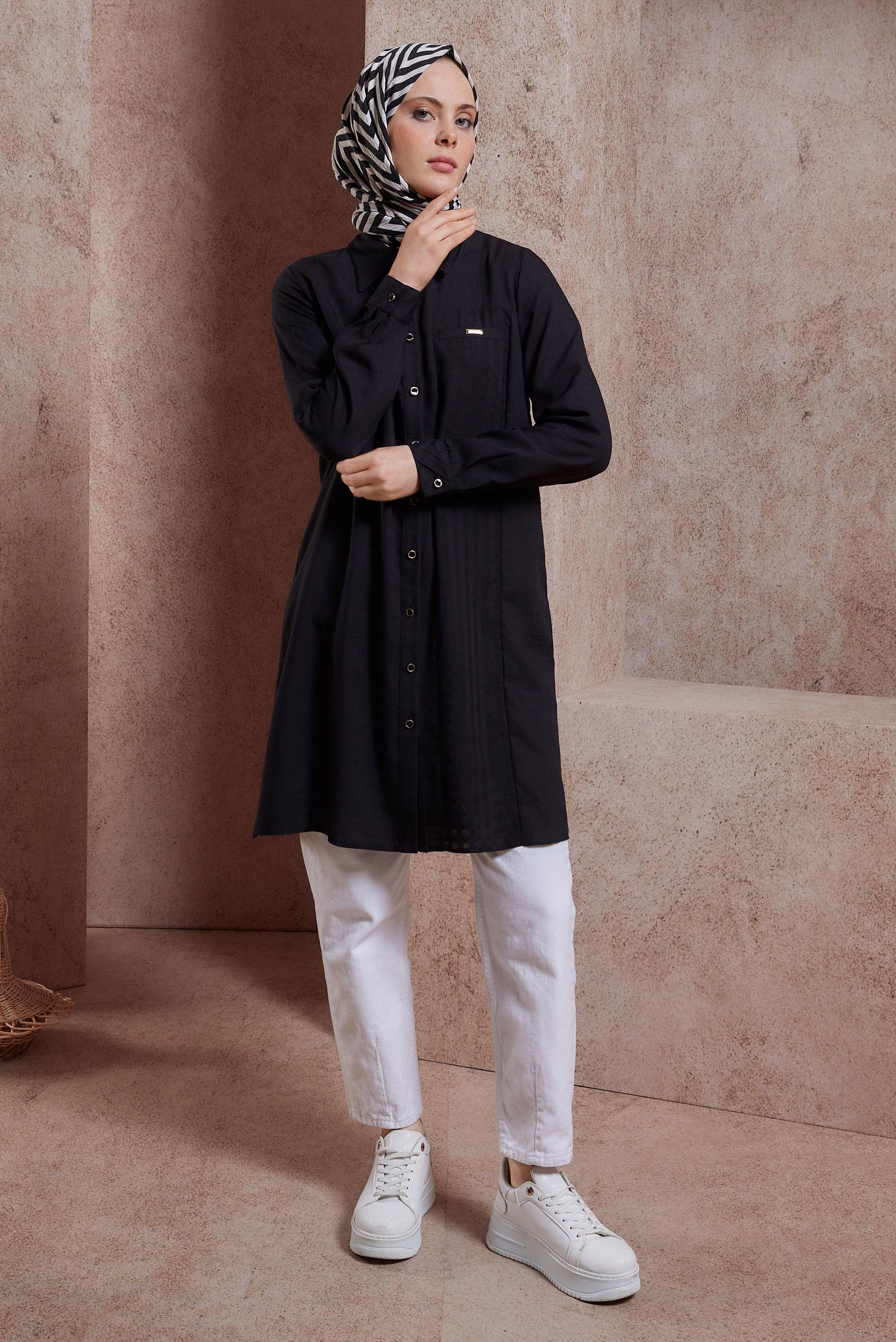 Tesettür giyim SİYAH GÖMLEK YAKA TUNİK 44472