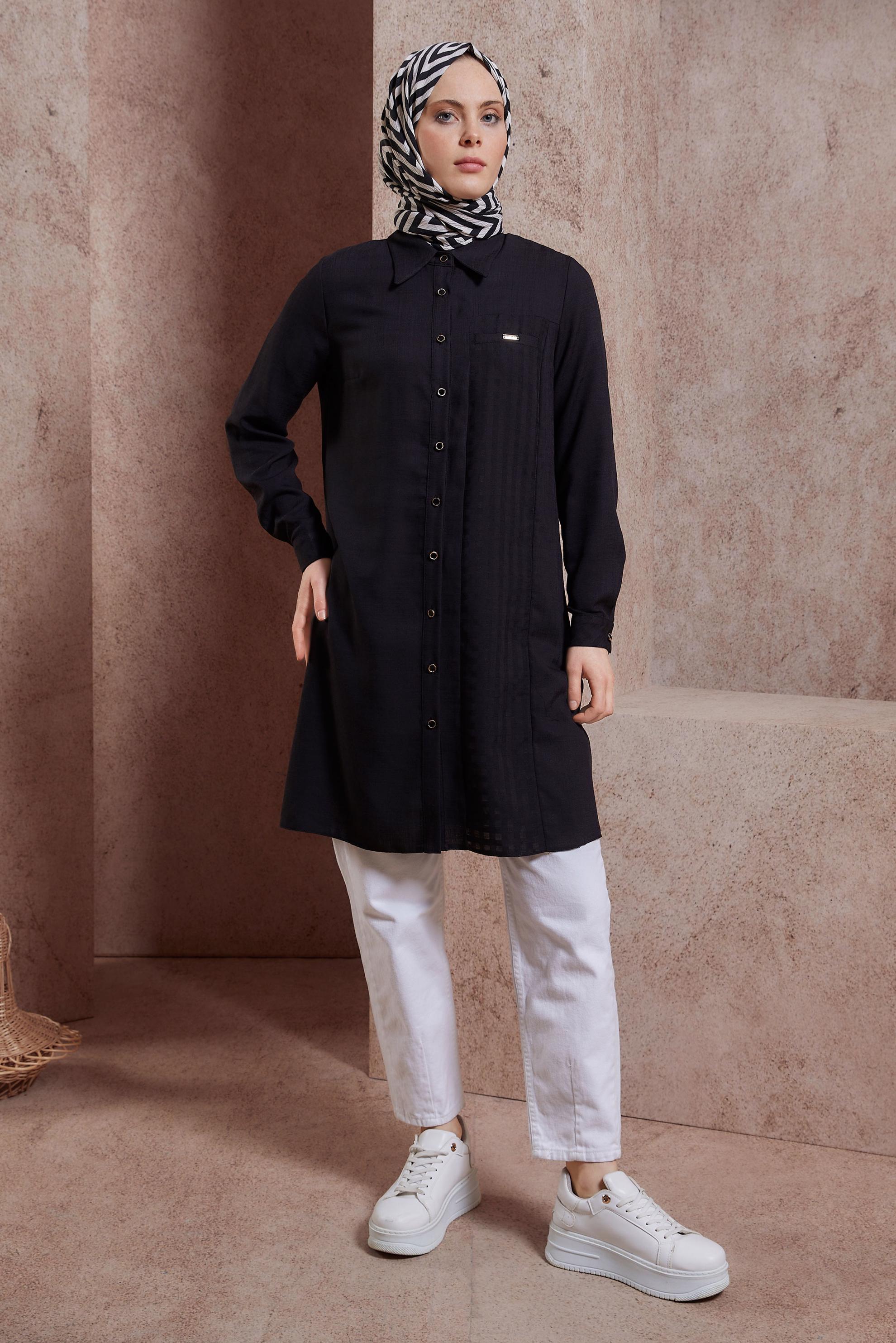 Tesettür giyim SİYAH GÖMLEK YAKA TUNİK 44472