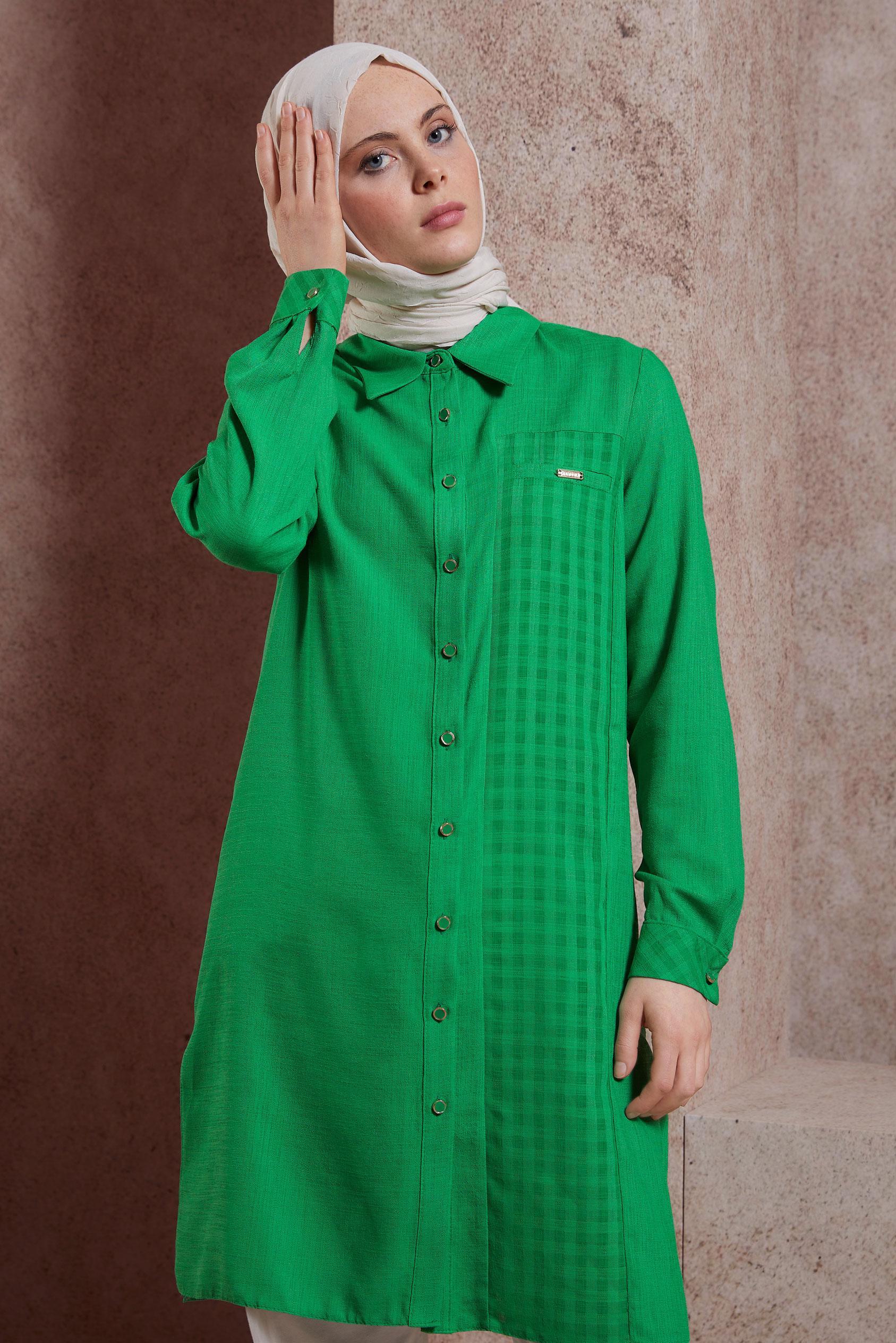 Tesettür giyim YEŞİL GÖMLEK YAKA TUNİK 44472