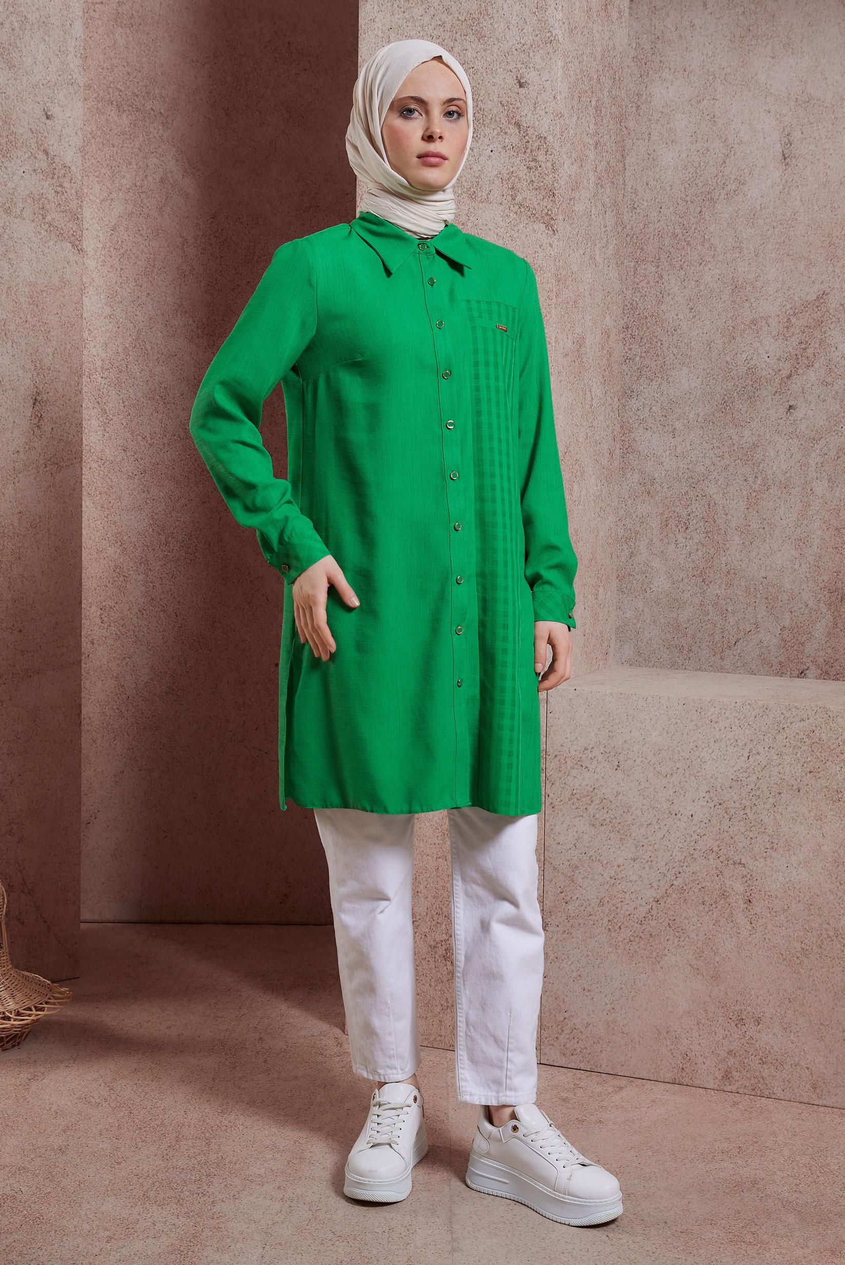 Tesettür giyim YEŞİL GÖMLEK YAKA TUNİK 44472
