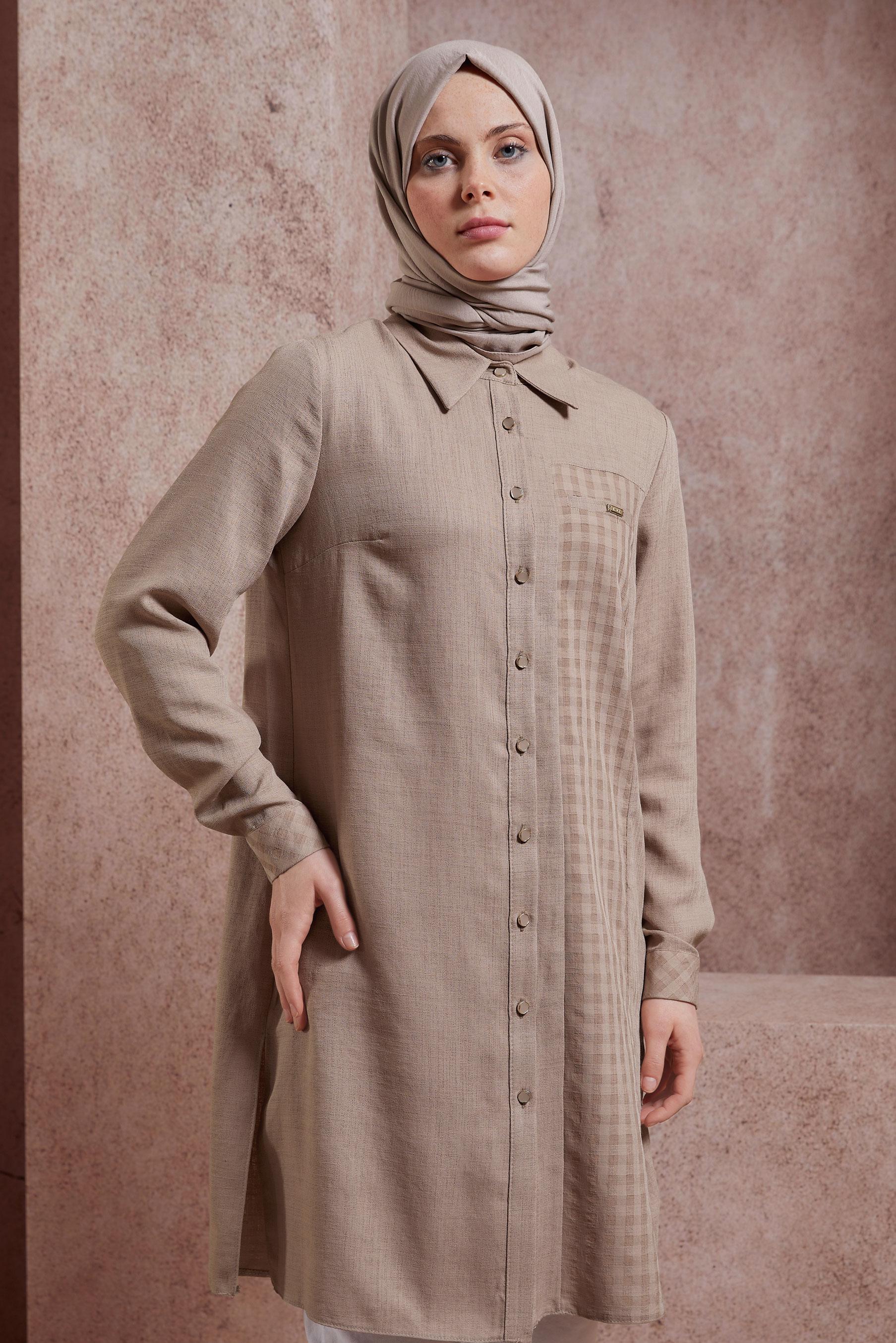 Tesettür giyim VİZON GÖMLEK YAKA TUNİK 44472