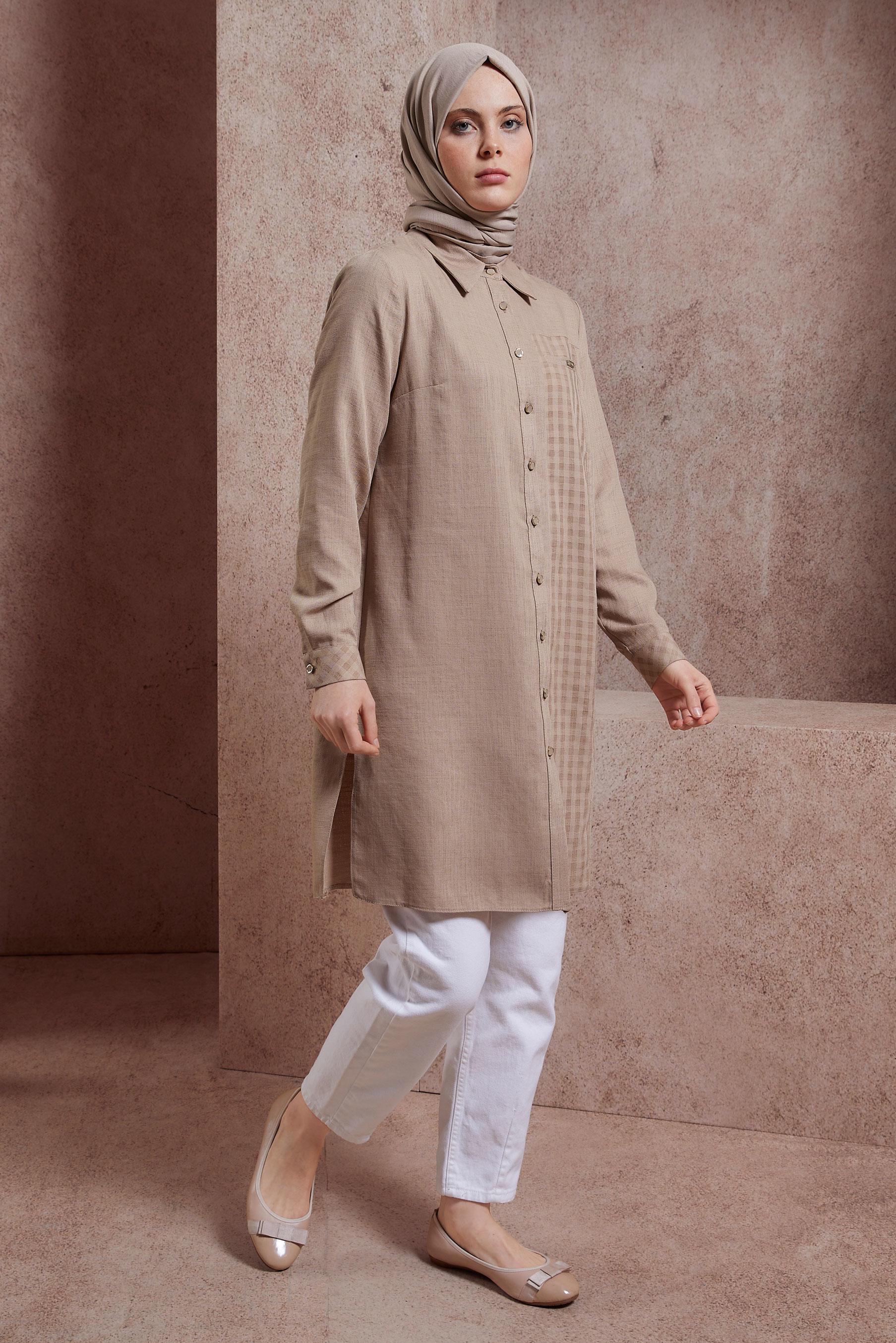 Tesettür giyim VİZON GÖMLEK YAKA TUNİK 44472