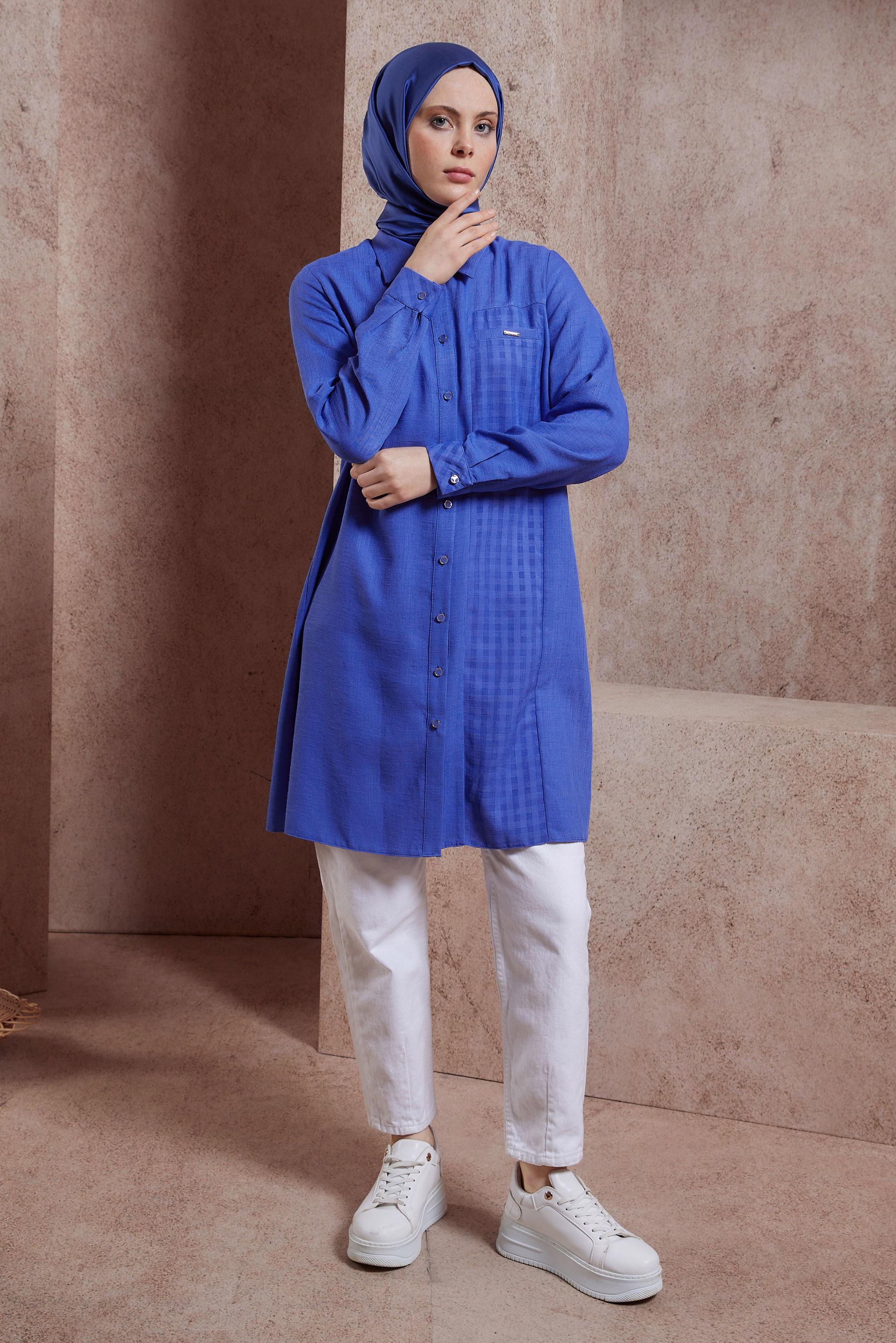 Tesettür giyim LACİVERT GÖMLEK YAKA TUNİK 44472