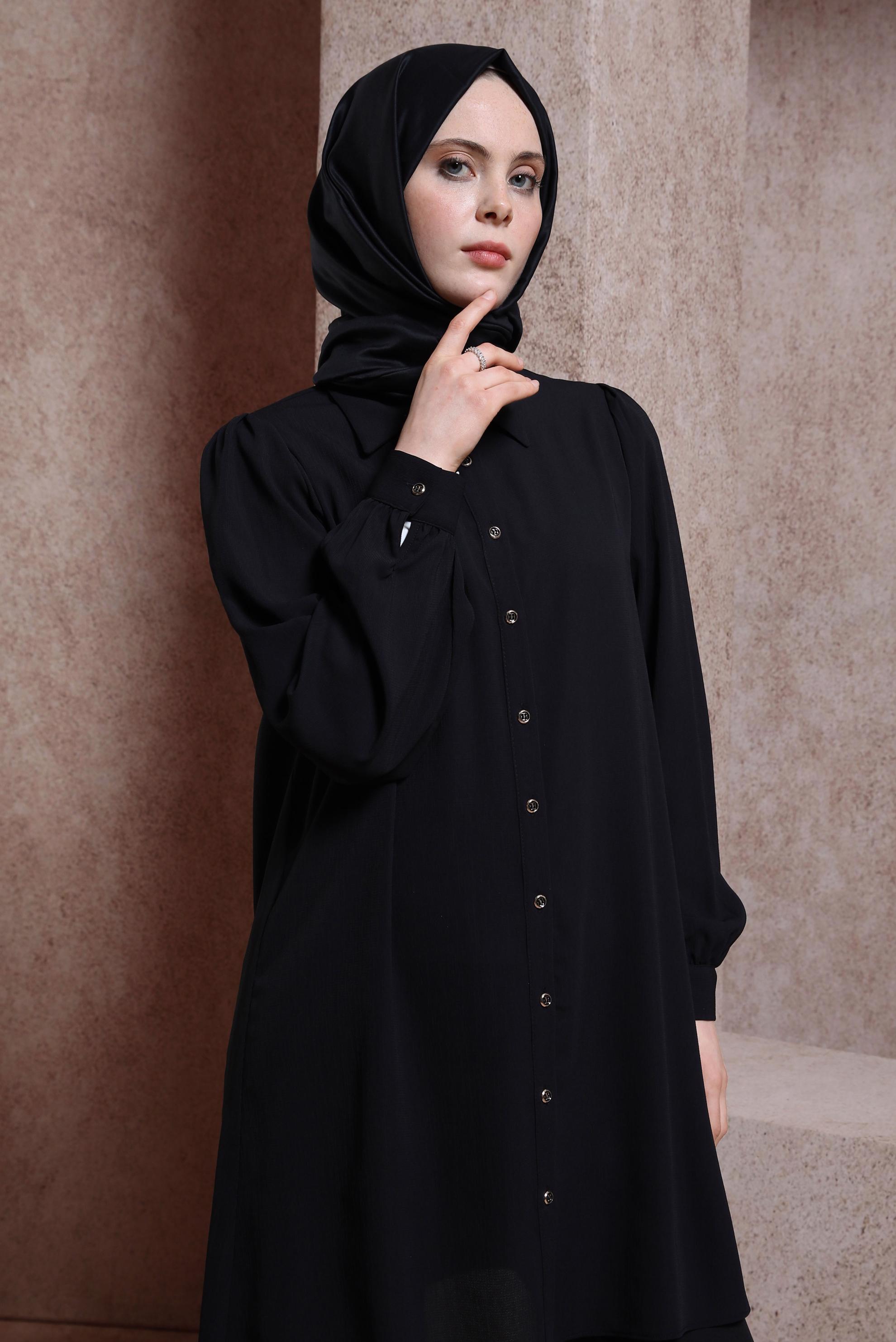 Tesettür giyim SİYAH GÖMLEK YAKA TUNİK 44474