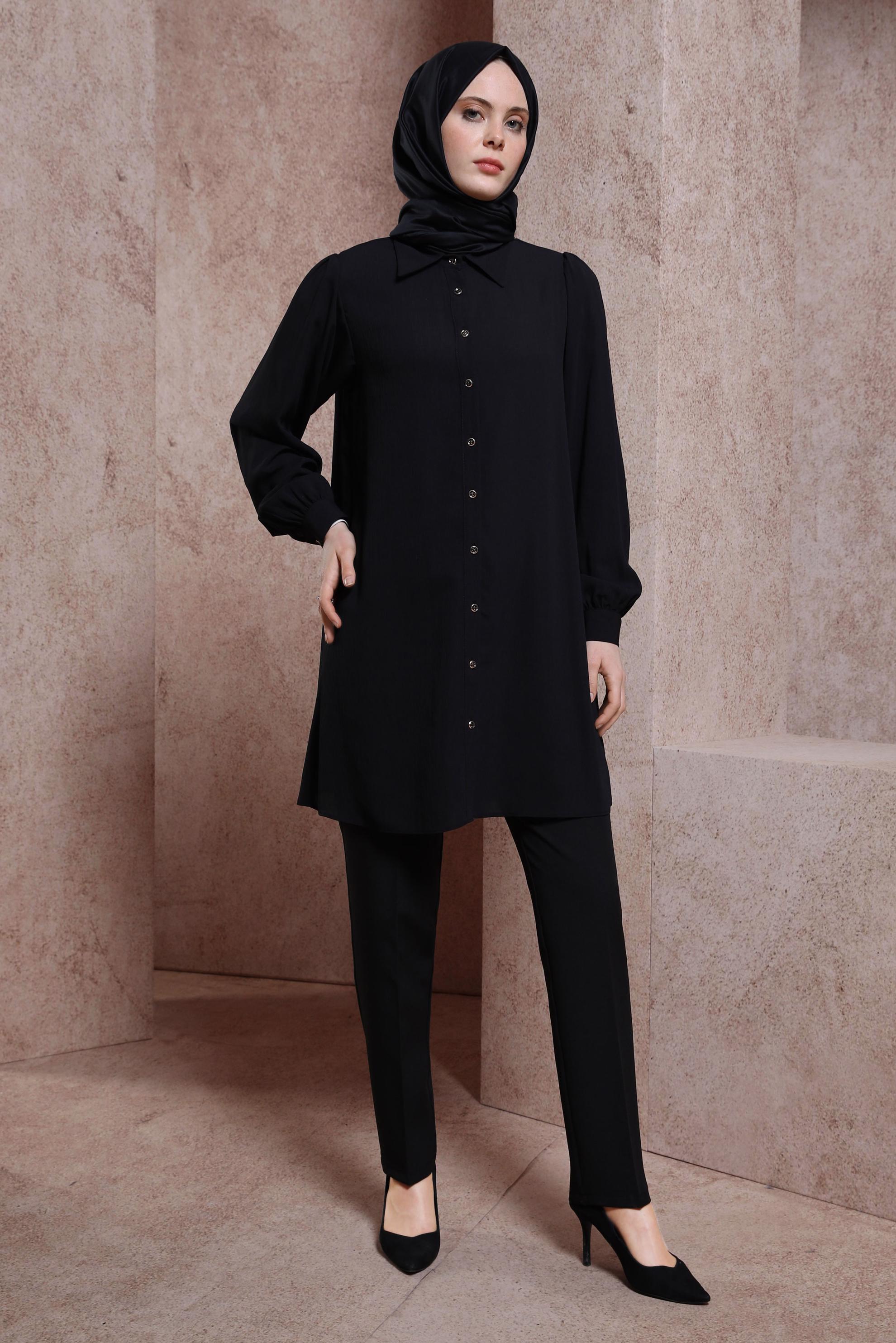 Tesettür giyim SİYAH GÖMLEK YAKA TUNİK 44474