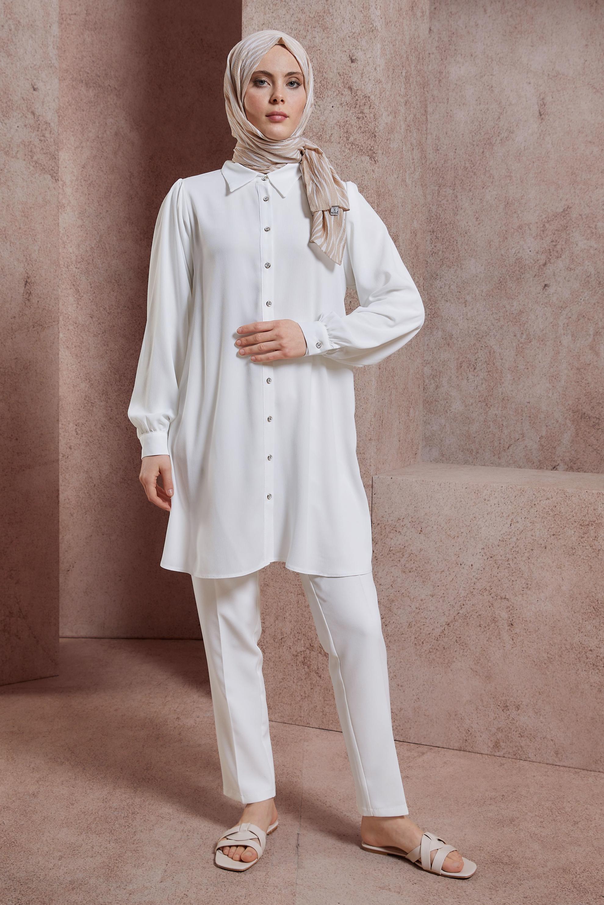 Tesettür giyim BEYAZ GÖMLEK YAKA TUNİK 44474