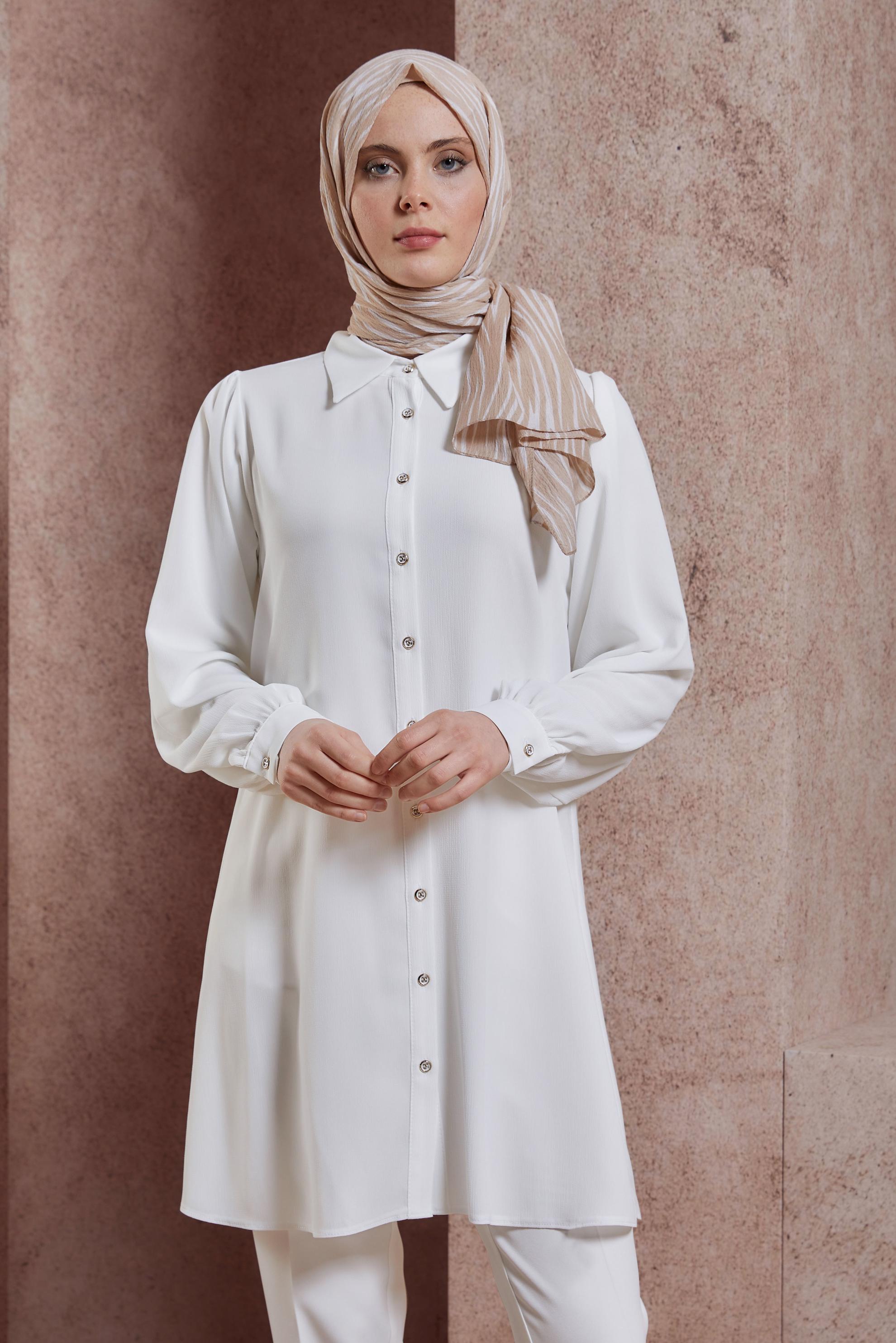 Tesettür giyim BEYAZ GÖMLEK YAKA TUNİK 44474