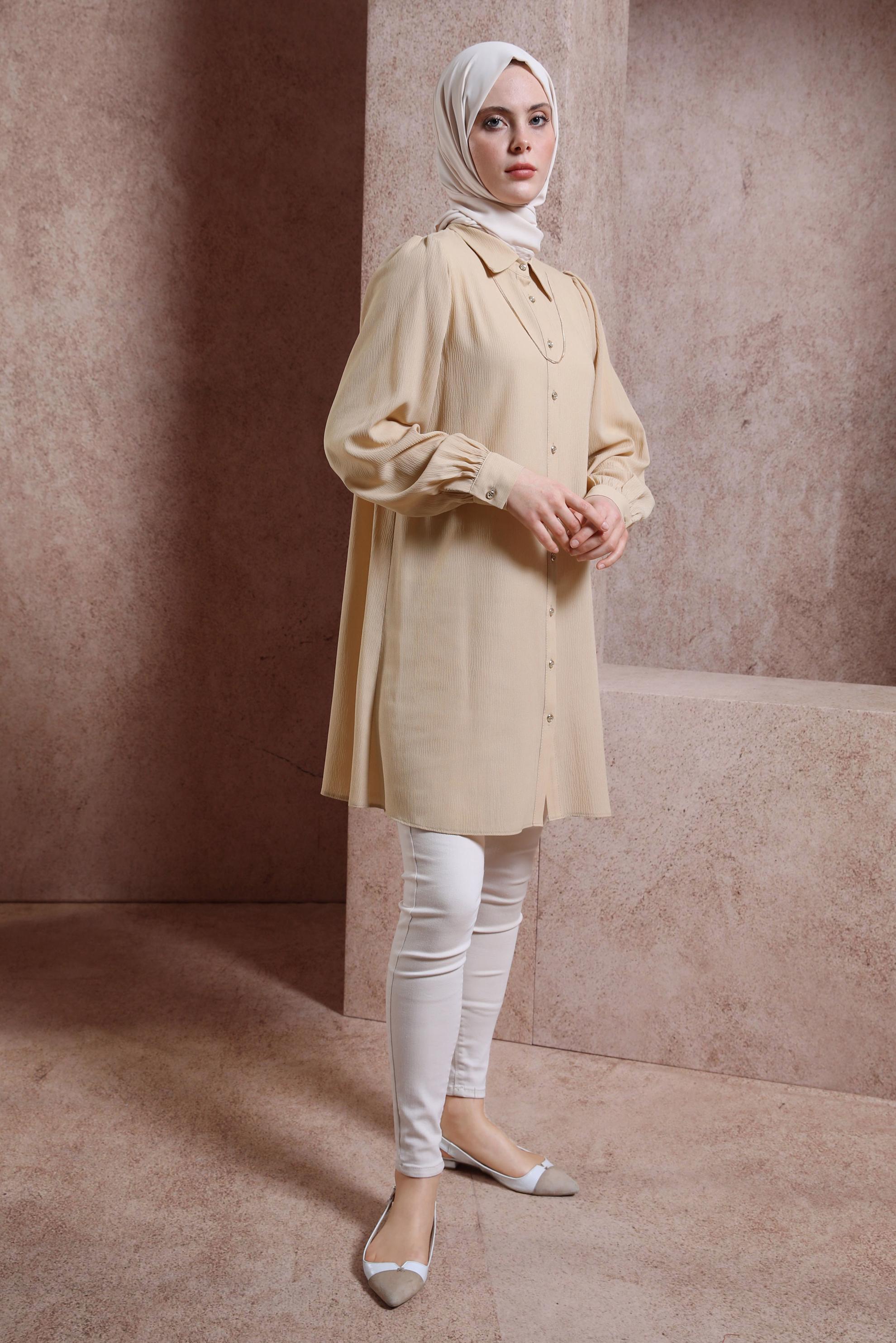 Tesettür giyim BEJ GÖMLEK YAKA TUNİK 44474