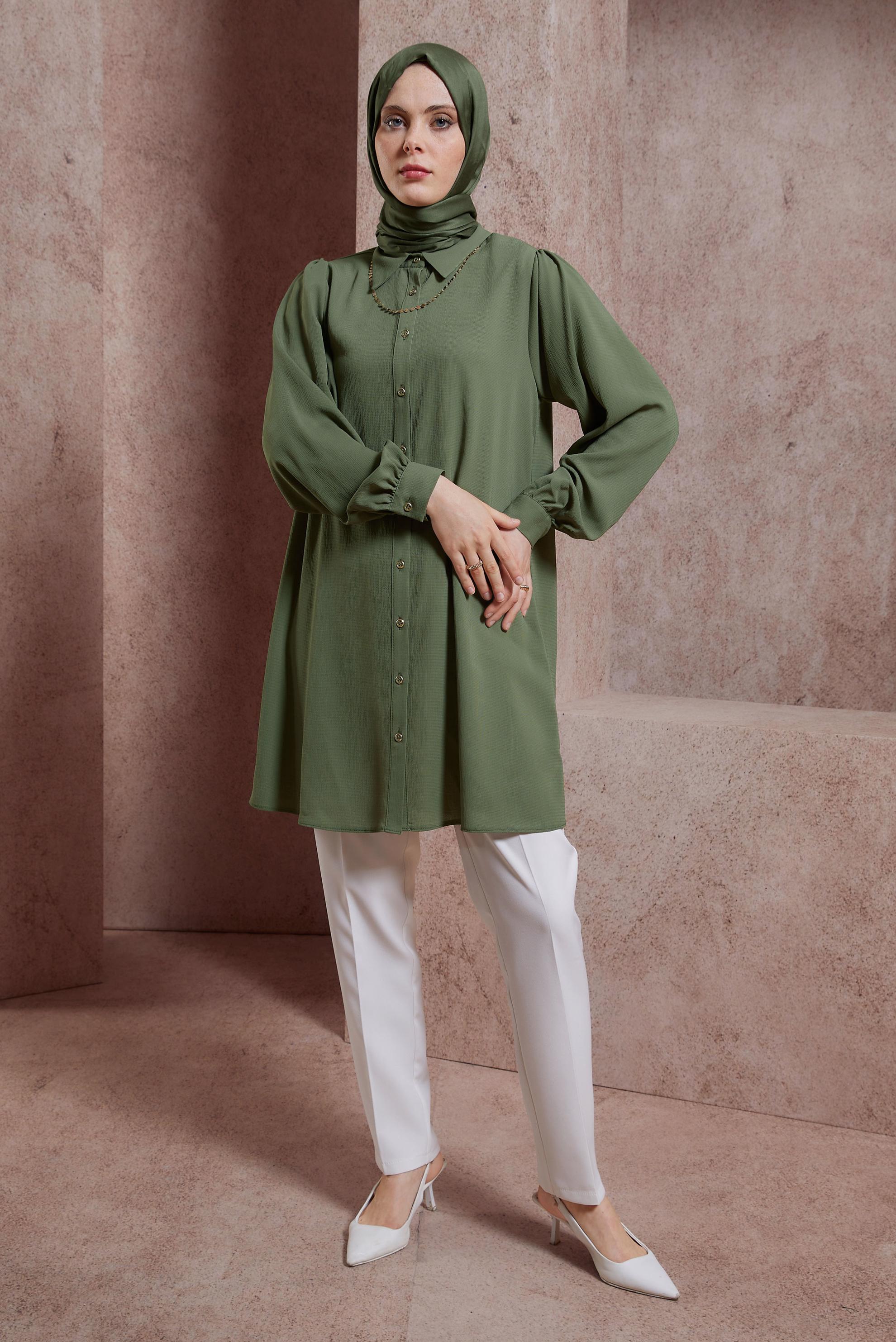 Tesettür giyim HAKİ GÖMLEK YAKA TUNİK 44474